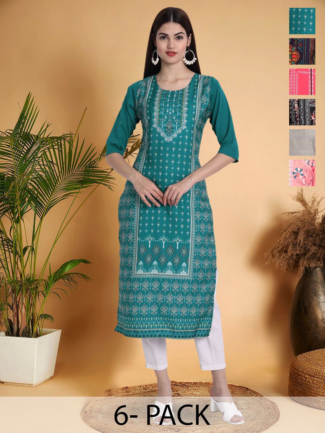 

7Threads Selection Of 6 Ethnic Motifs Printed Round Neck Straight Kurtas, Teal