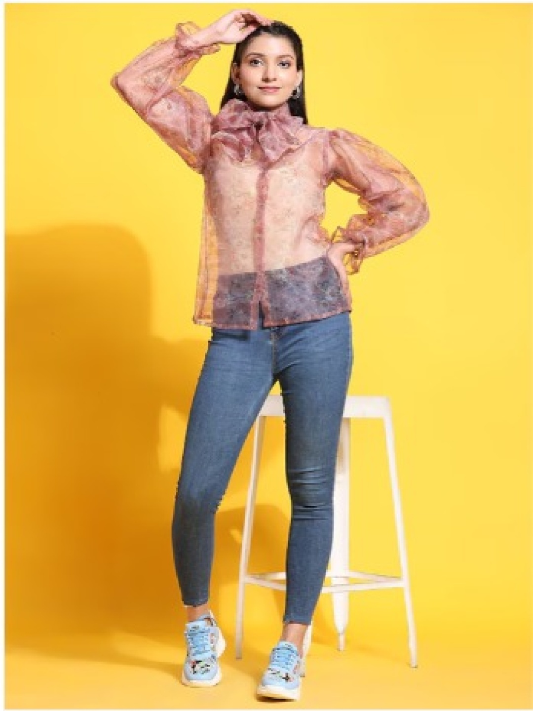 

Rujave Floral Printed Tie-Up Neck Puffed Sleeves Sheer Organza Shirt Style Top, Peach