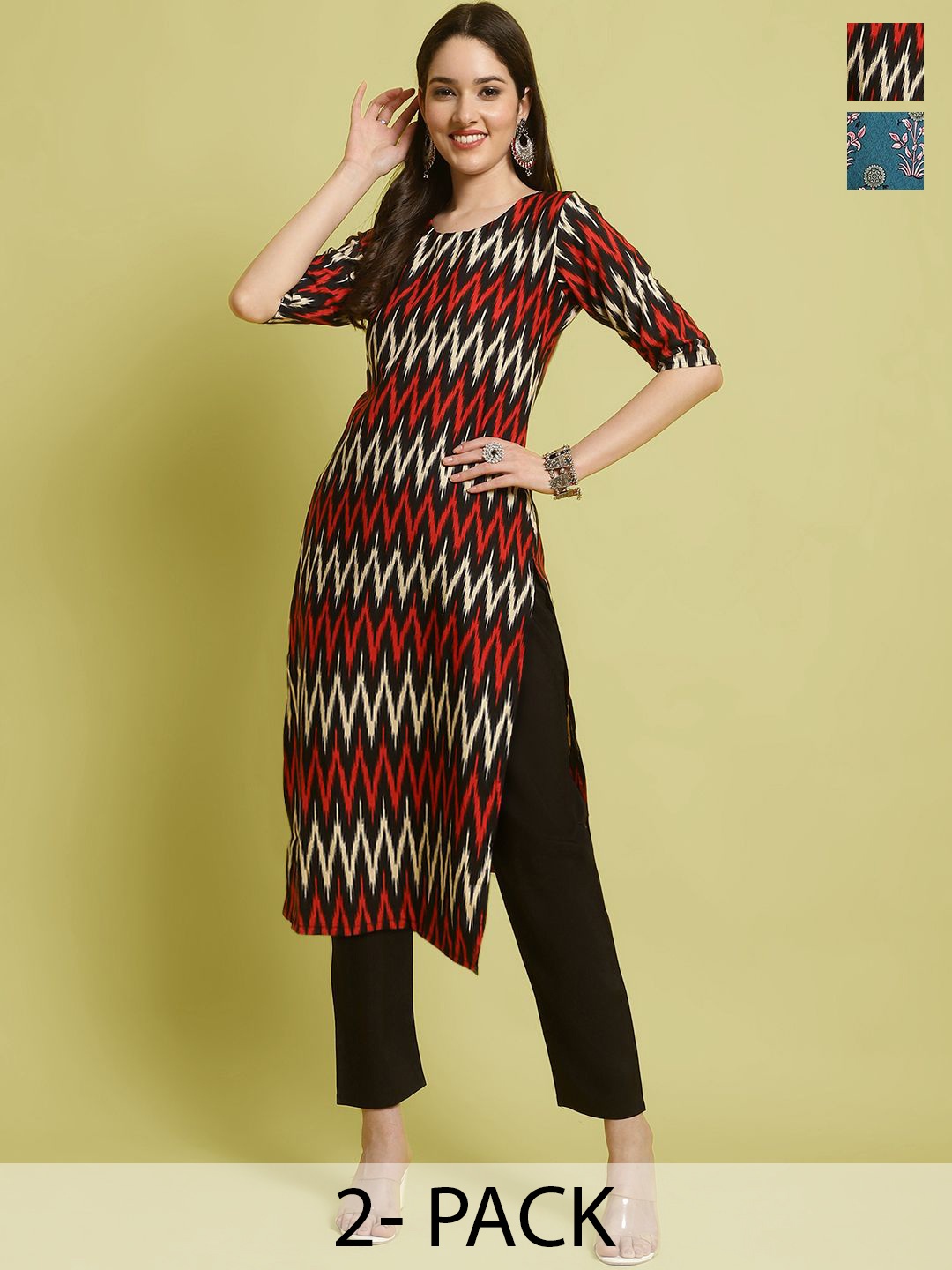 

7Threads Selection Of 2 Chevron Printed Straight Kurta With Trousers, Black