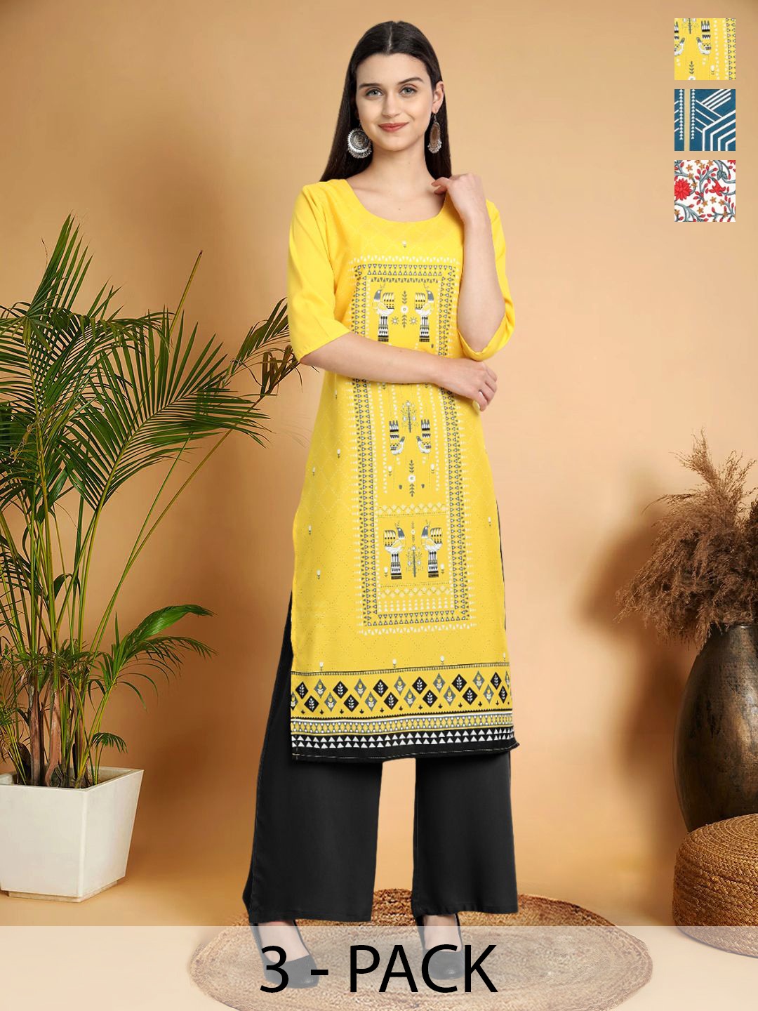 

7Threads Selection Of 3 Ethnic Motifs Printed Round Neck Straight Kurtas, Yellow