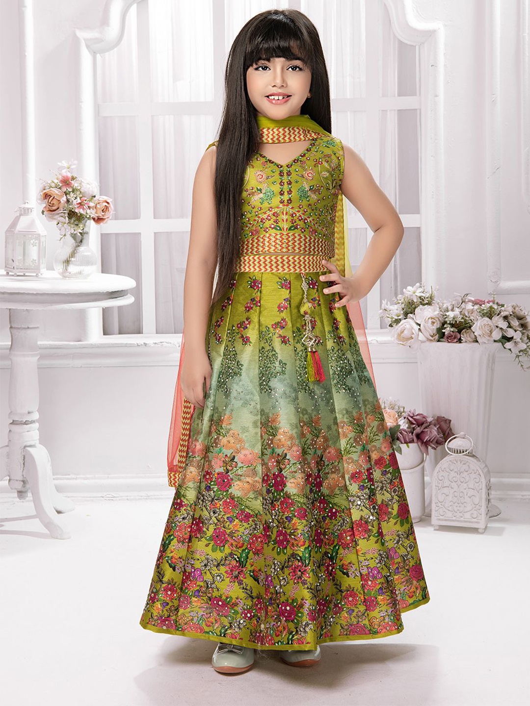 

Tiny Kingdom Girls Embroidered Sequinned Ready to Wear Lehenga & Blouse With Dupatta, Green