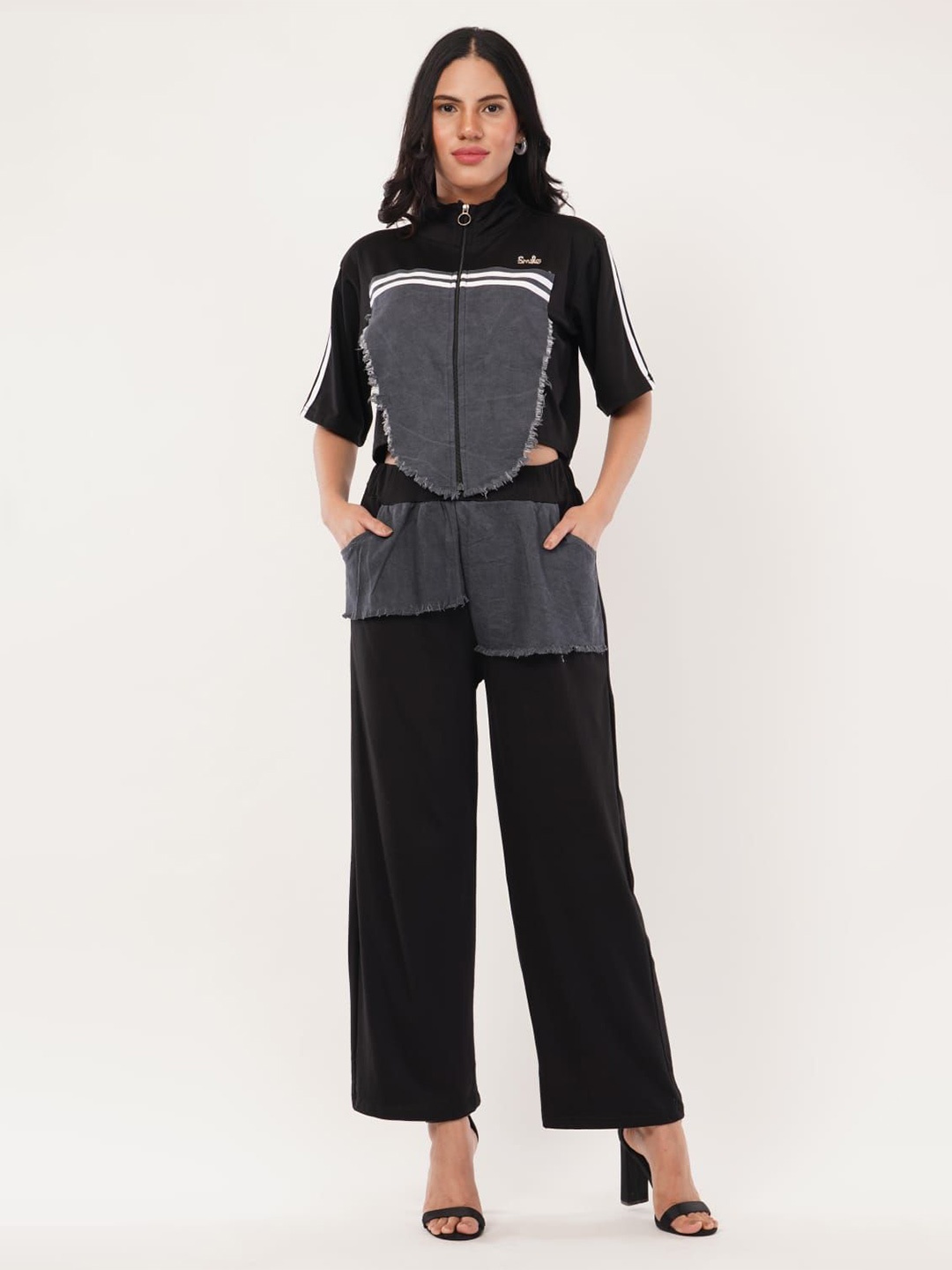 

HIGH BUY Denim Colourblocked Top With Trousers, Black