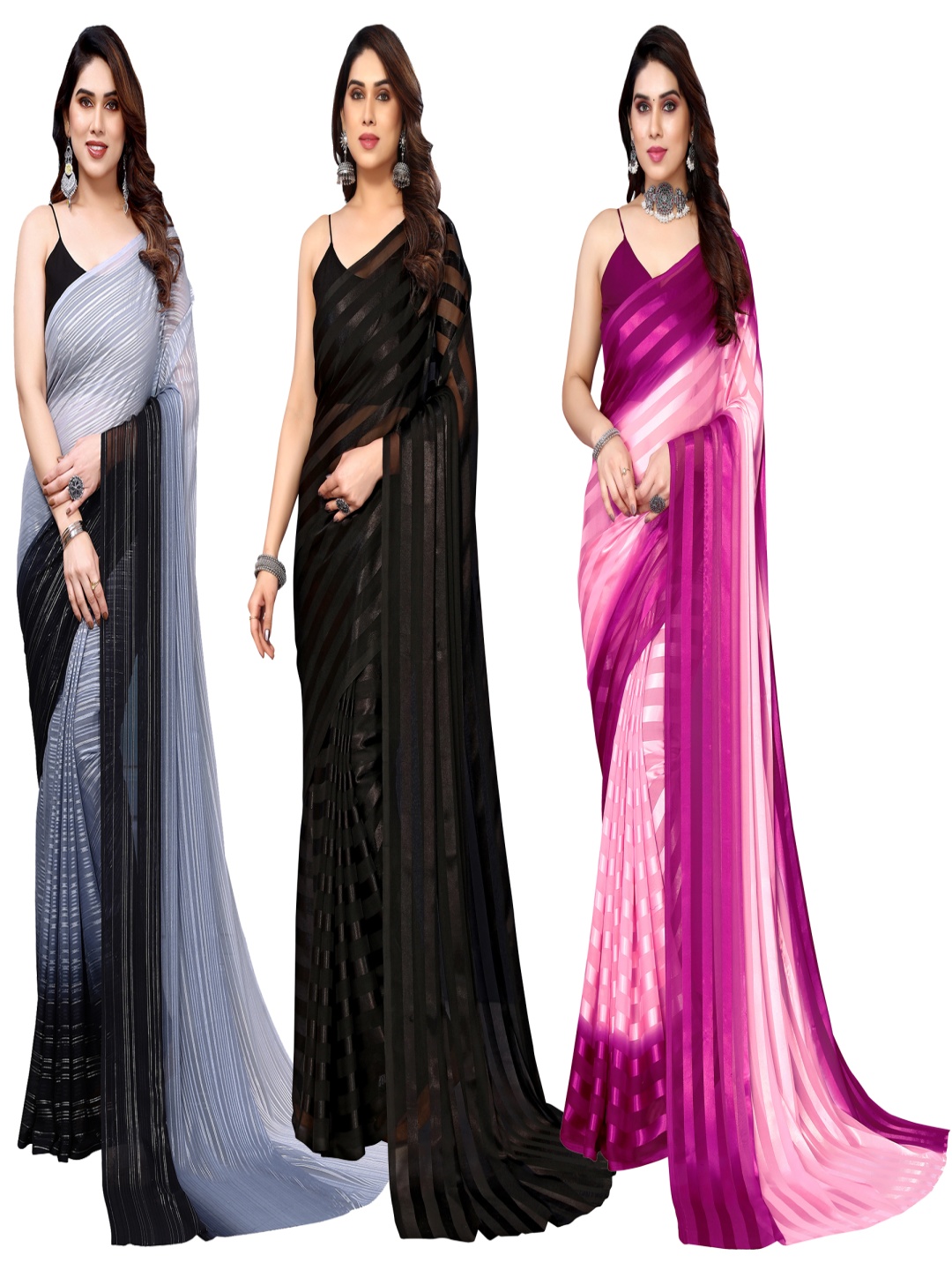 

ANAND SAREES Striped Satin Saree, Black