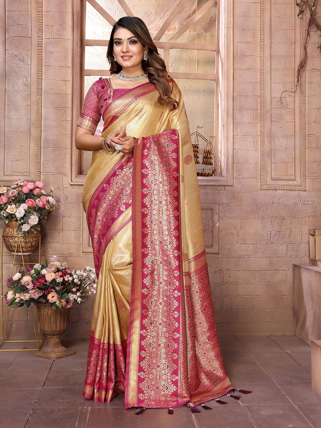 

Mitera Woven Design Zari Silk Blend Designer Banarasi Saree, Beige