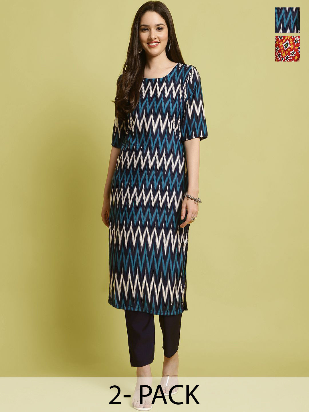 

7Threads Selection Of 2 Ethnic Motifs Printed Round Neck Straight Kurta With Trousers, Black