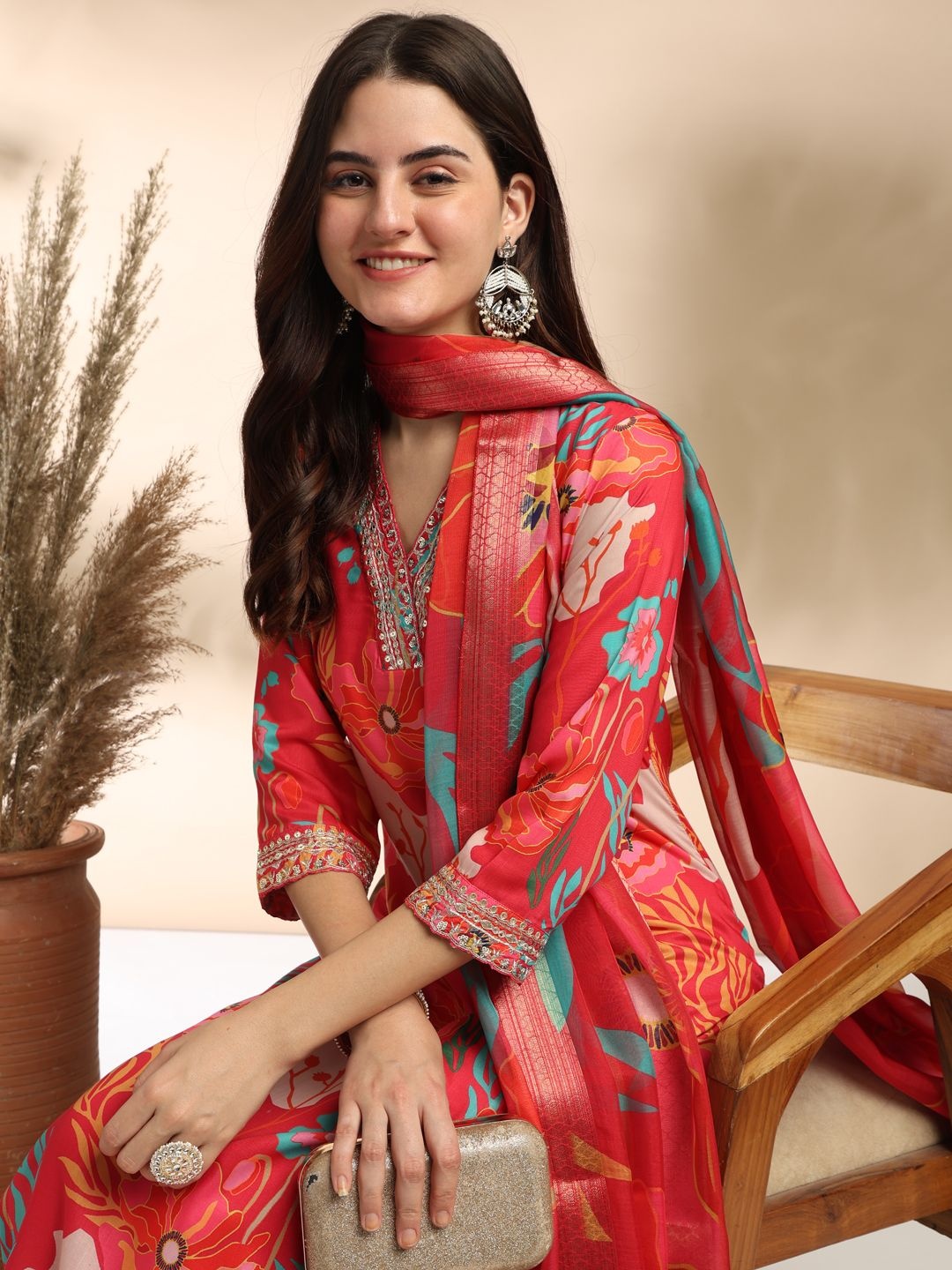 

MOKOSH Floral Printed Sequinned Straight Kurta With Trouser And Dupatta, Pink