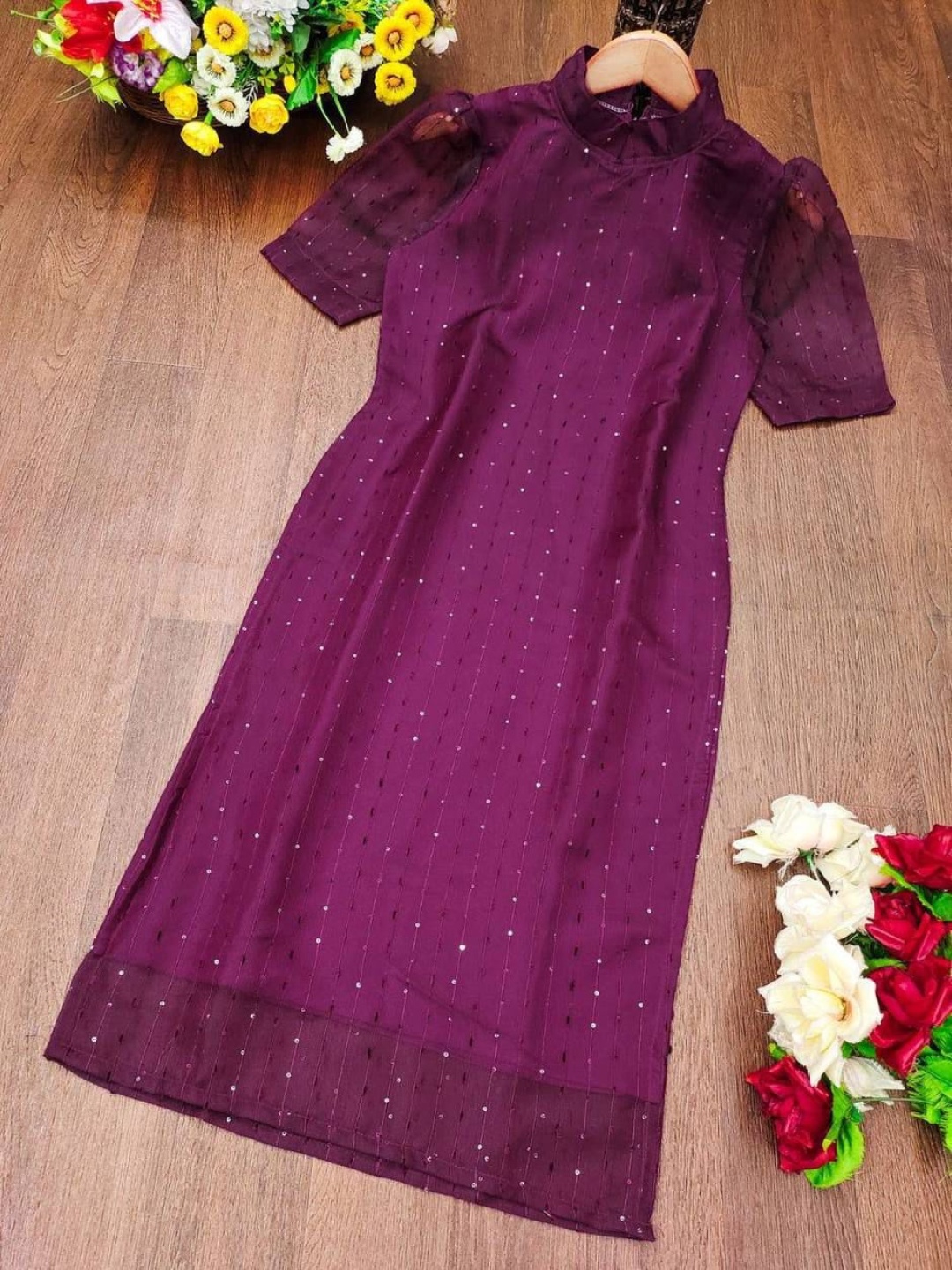 

Rujave Woven Design Striped Sequinned V-Neck A-Line Kurta Kurta, Purple