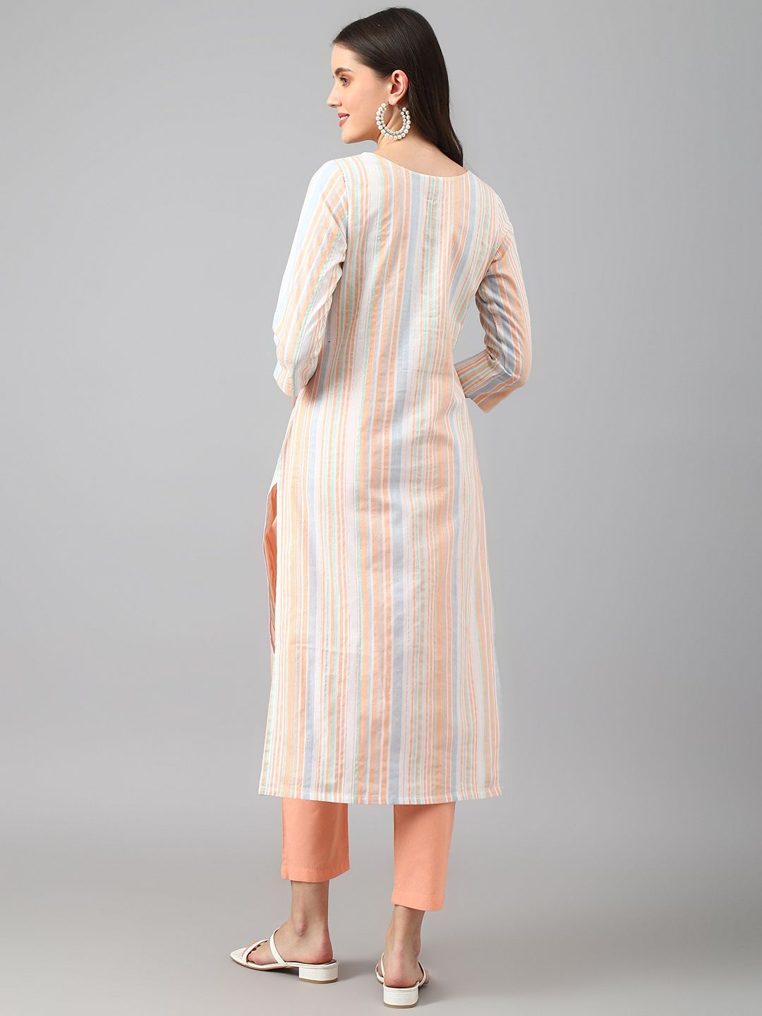 

KALINI Selection Of 2 Striped Round Neck Straight Kurtas with Trousers, Peach