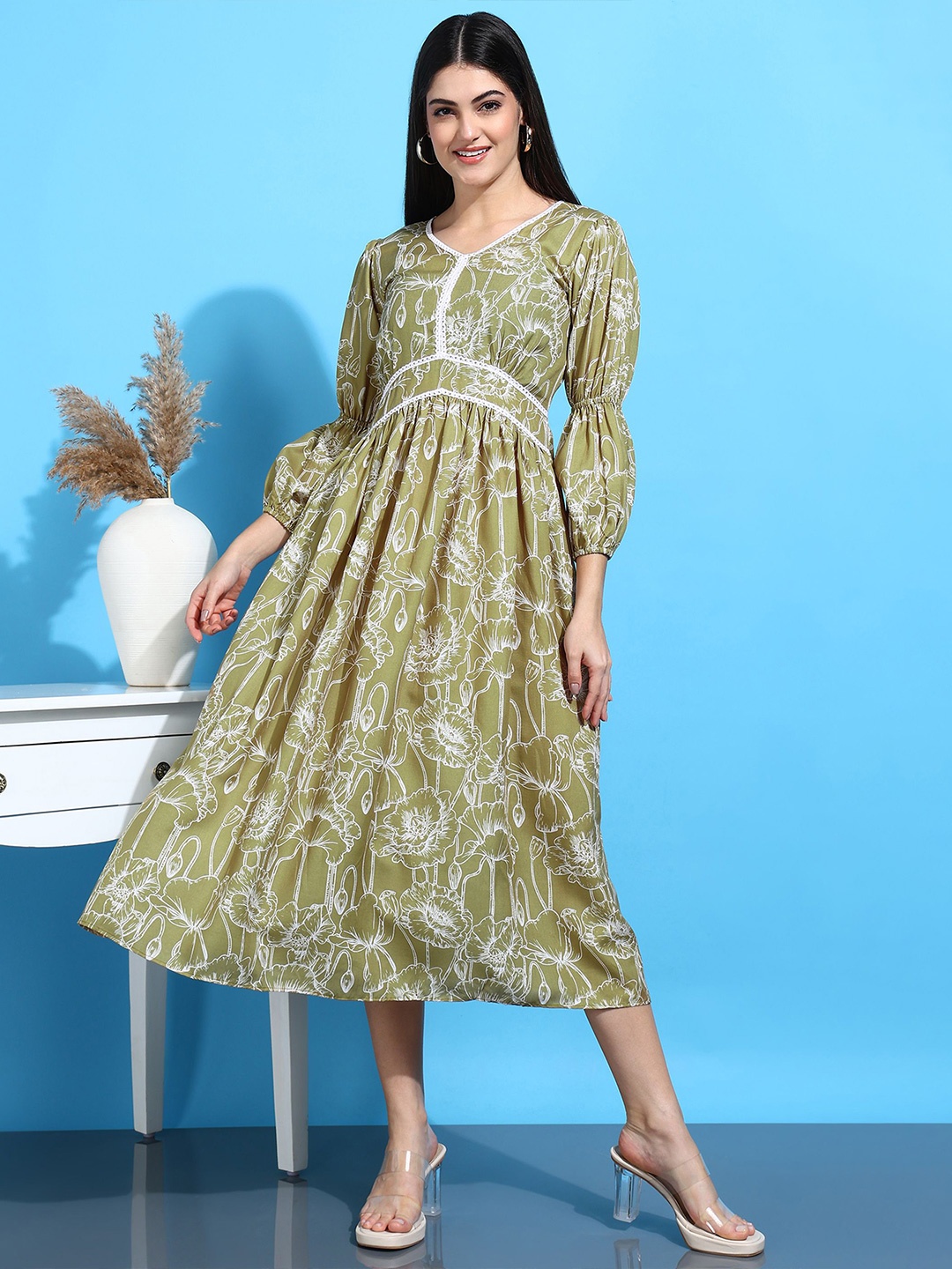 

HIVA TRENDZ Floral Print Puff Sleeve A-Line Midi Dress, Green