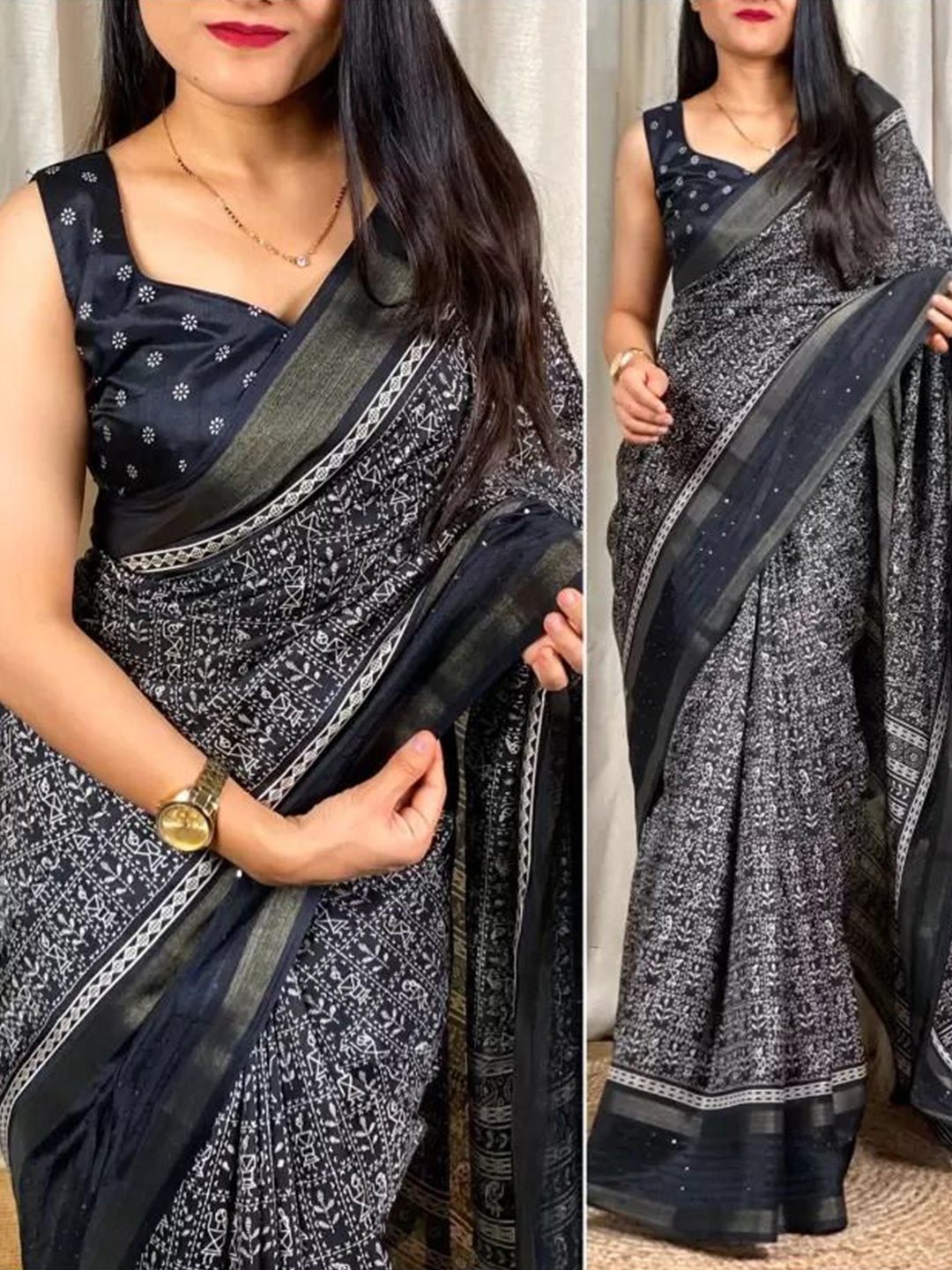 

Florence Floral Art Silk Fusion Saree, Black