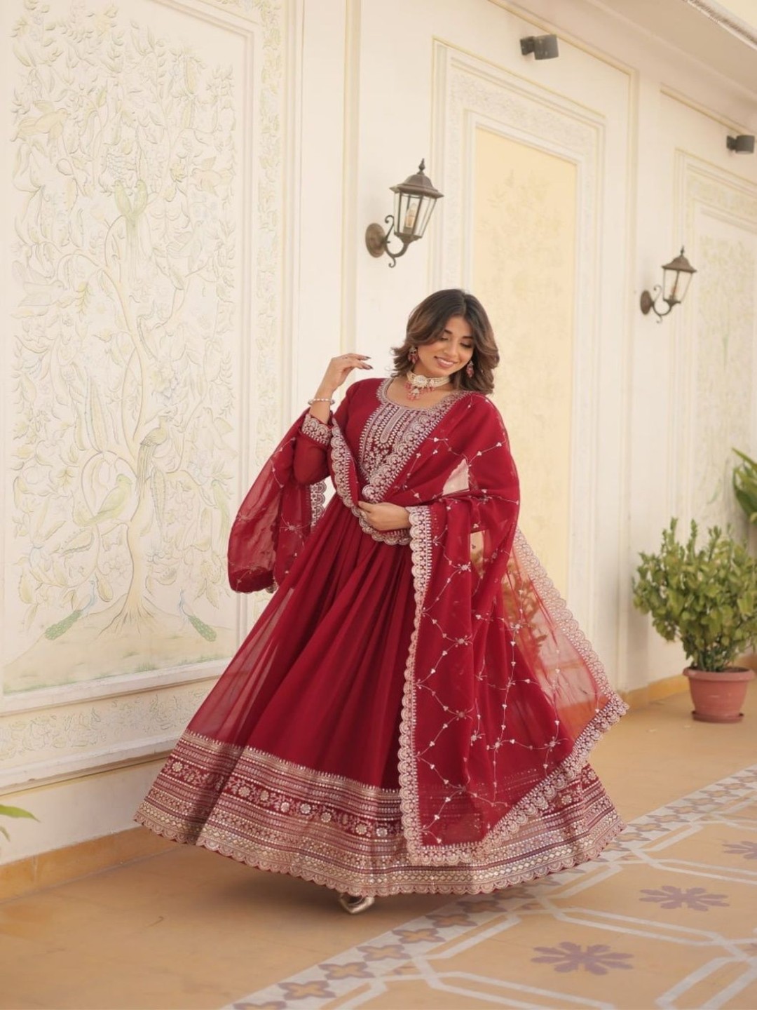 

Fusionic Embroidered Fit & Flare Dress With Dupatta, Maroon