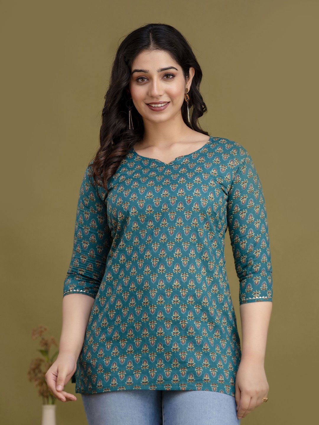 

FEMARY Floral Print Sweetheart Neck Cotton Top, Green