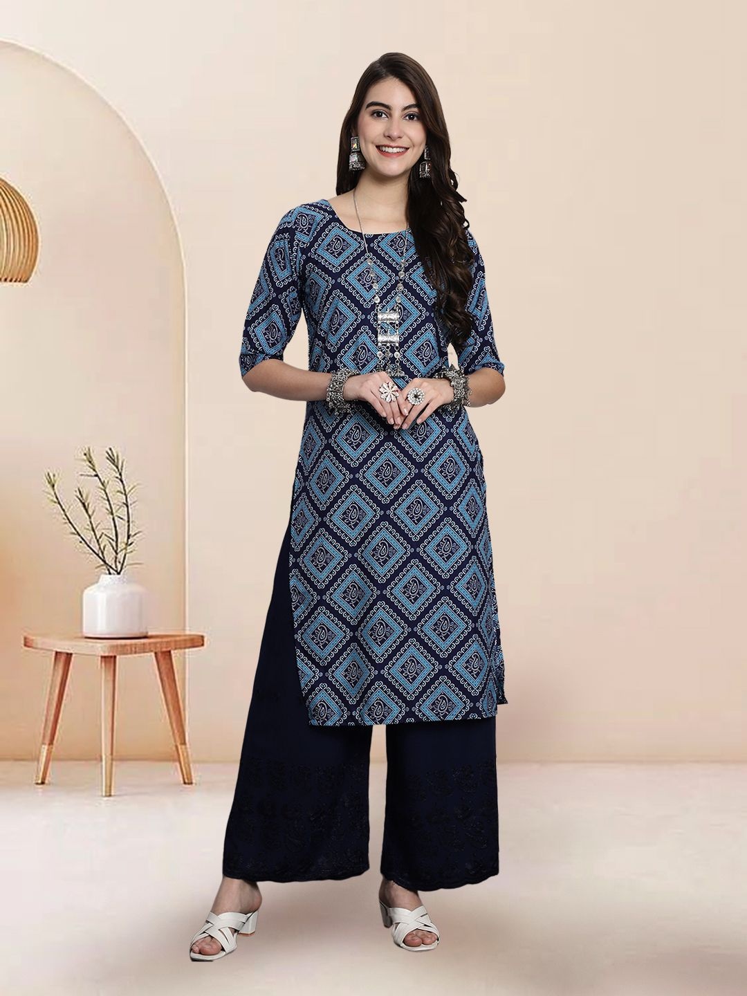 

7Threads Selection Of 4 Ethnic Motifs Printed Round Neck Straight Kurtas, Navy blue