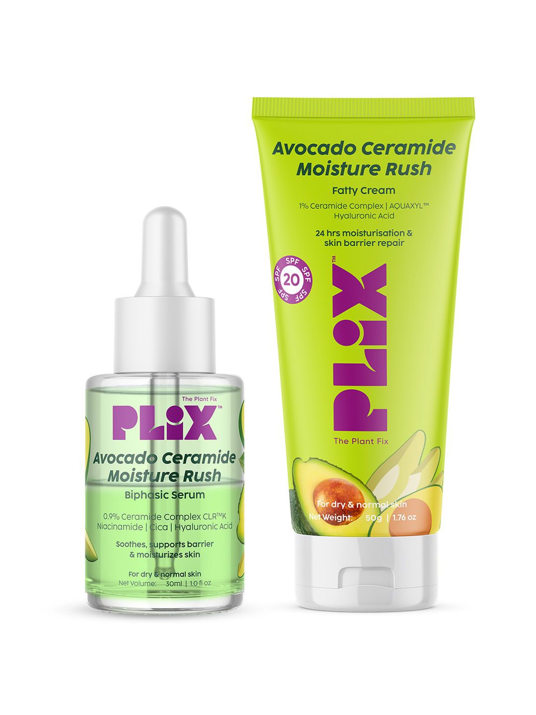 

PLIX THE PLANT FIX Set of 2 Avocado Ceramide Moisture Rush Skincare Duo Serum + Cream, Green