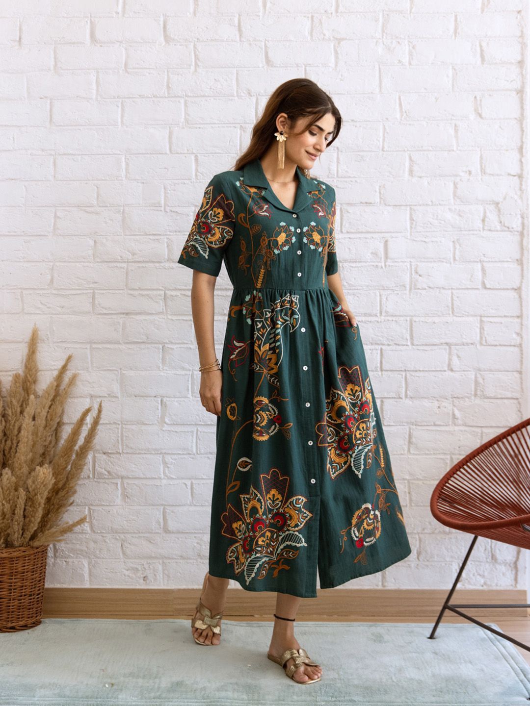 

Meena Bazaar Floral Embroidered Linen Fit & Flare Midi Dress, Green