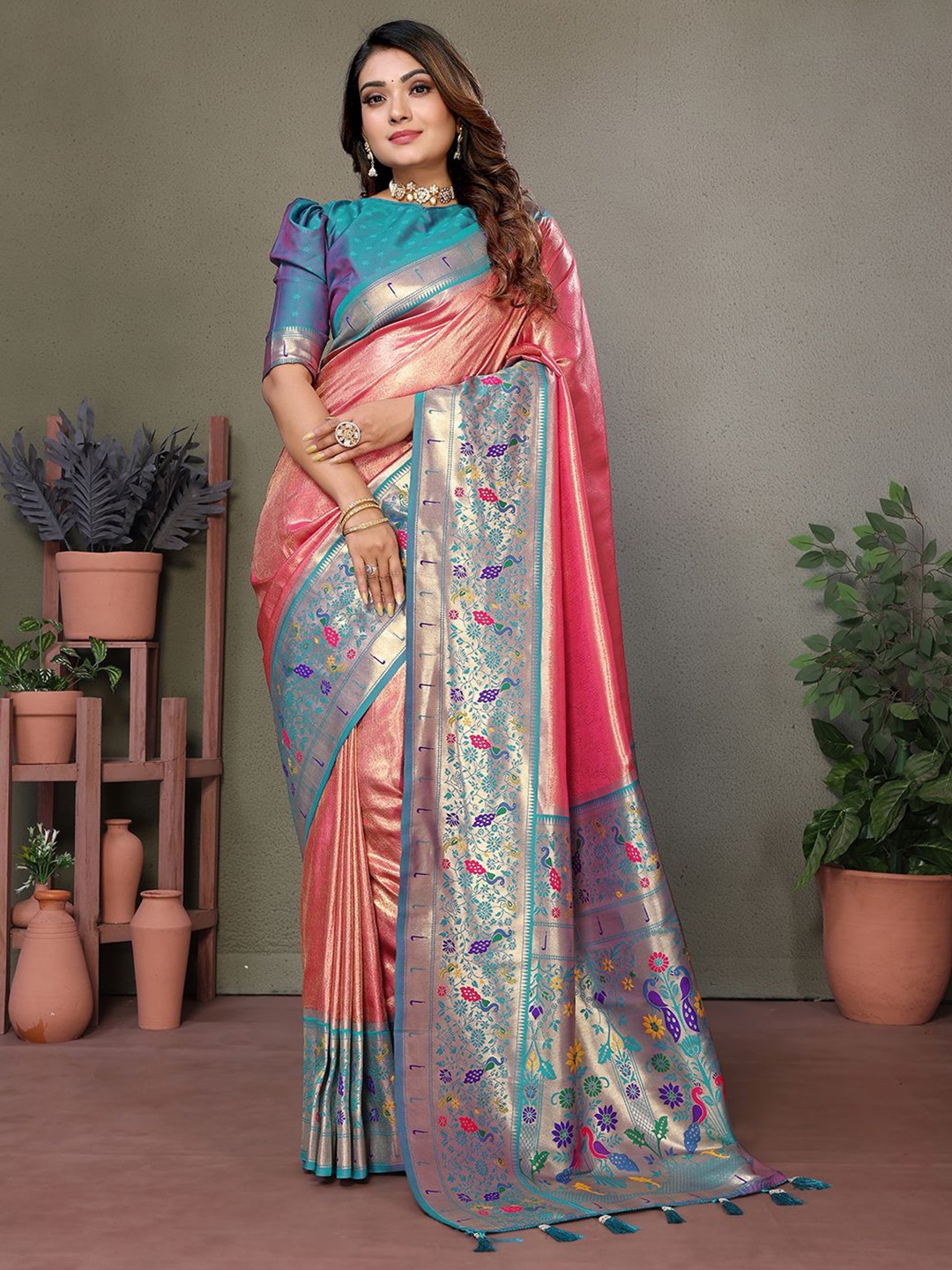 

Panzora Woven Design Zari Silk Blend Banarasi Saree, Pink