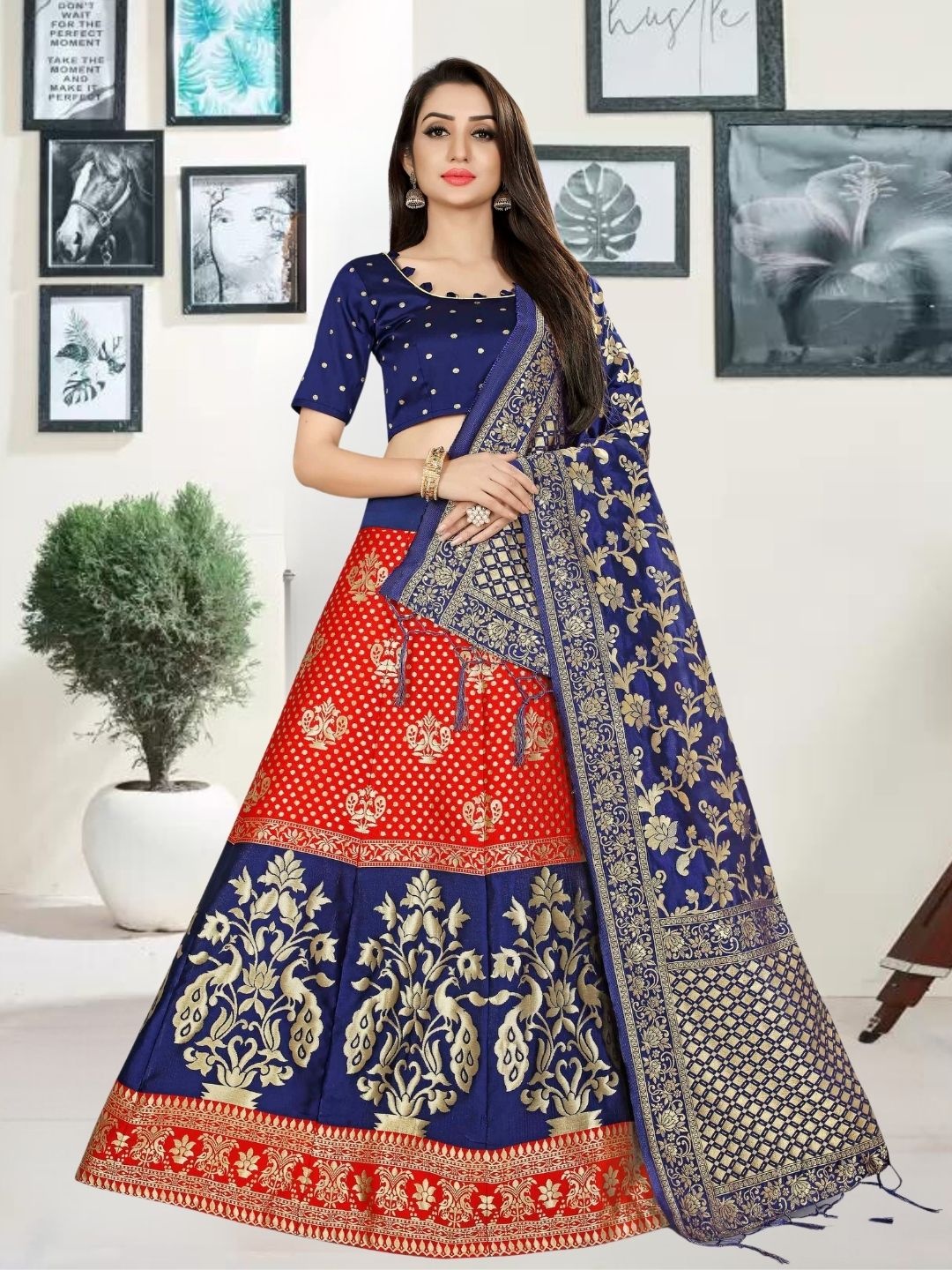 

MAGMINA Woven Design Zari Jacquard Semi-Stitched Lehenga & Unstitched Blouse With Dupatta, Red
