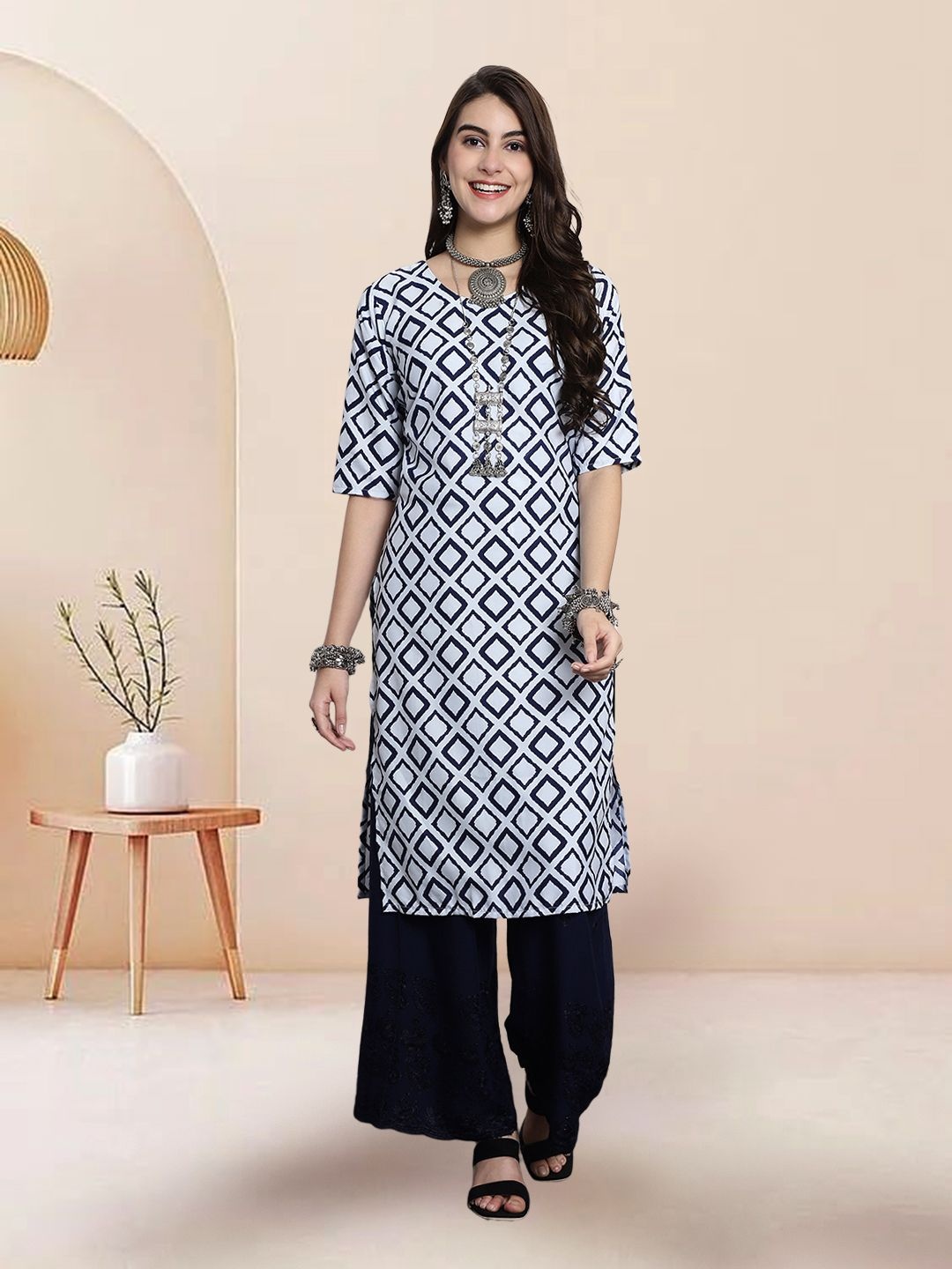 

7Threads Selection Of 6 Ethnic Motifs Printed Round Neck Straight Kurtas, Blue