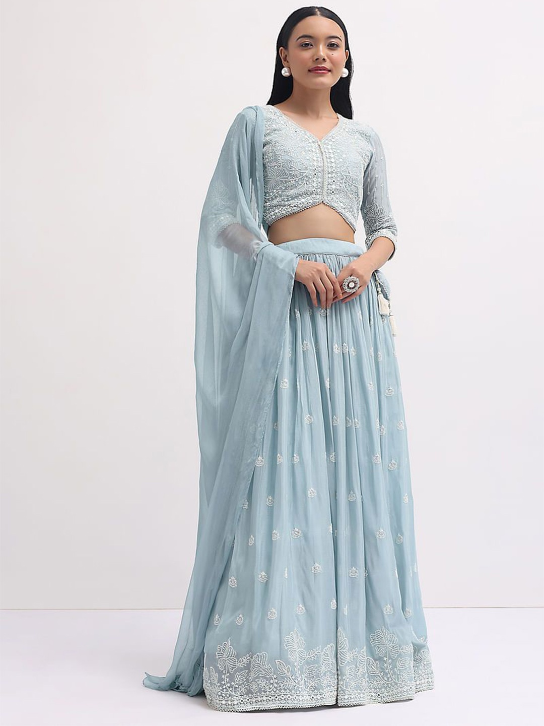 

JIHU CULTURE Embroidered Sequinned Semi-Stitched Lehenga & Unstitched Blouse Dupatta, Blue