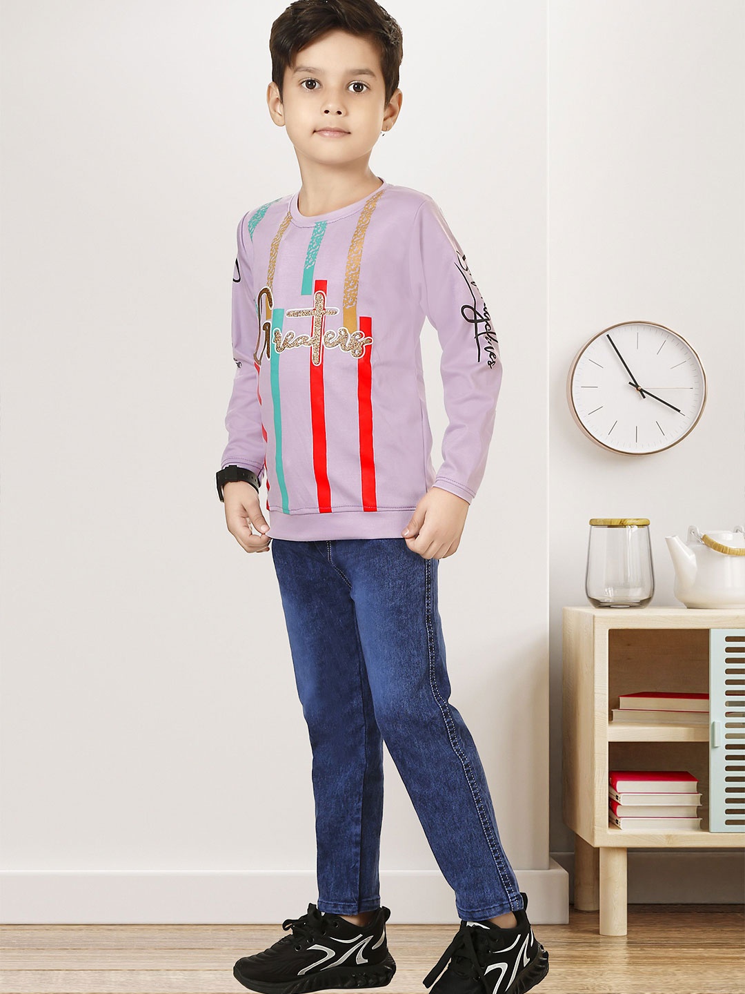 

LUCII Boys Printed Long Sleeves Sweatshirt With Jeans, Lavender