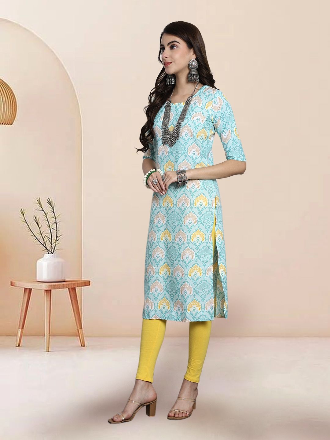 

7Threads Selection Of 3 Ethnic Motifs Printed Round Neck Straight Kurtas, Blue