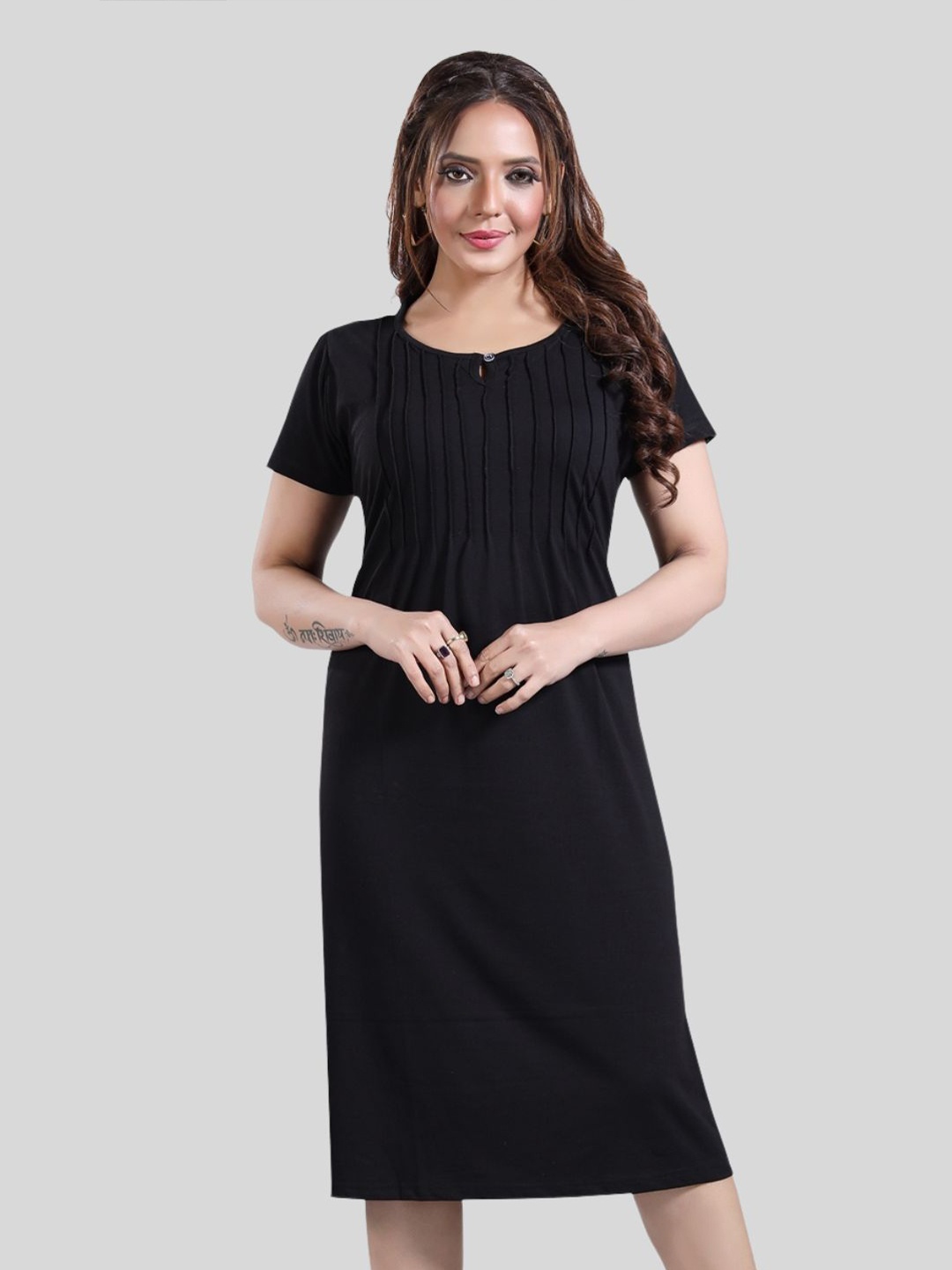 

Fabme Women Pure Cotton Round Neck Nightdress, Black