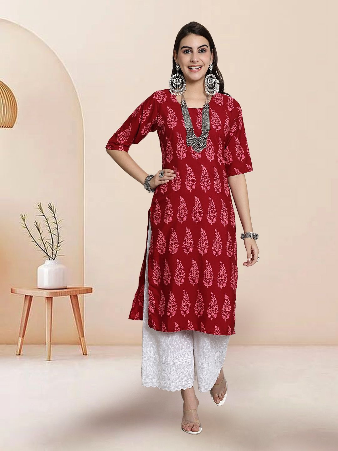 

7Threads Selection Of 3 Floral Printed Round Neck Straight Kurtas, Red