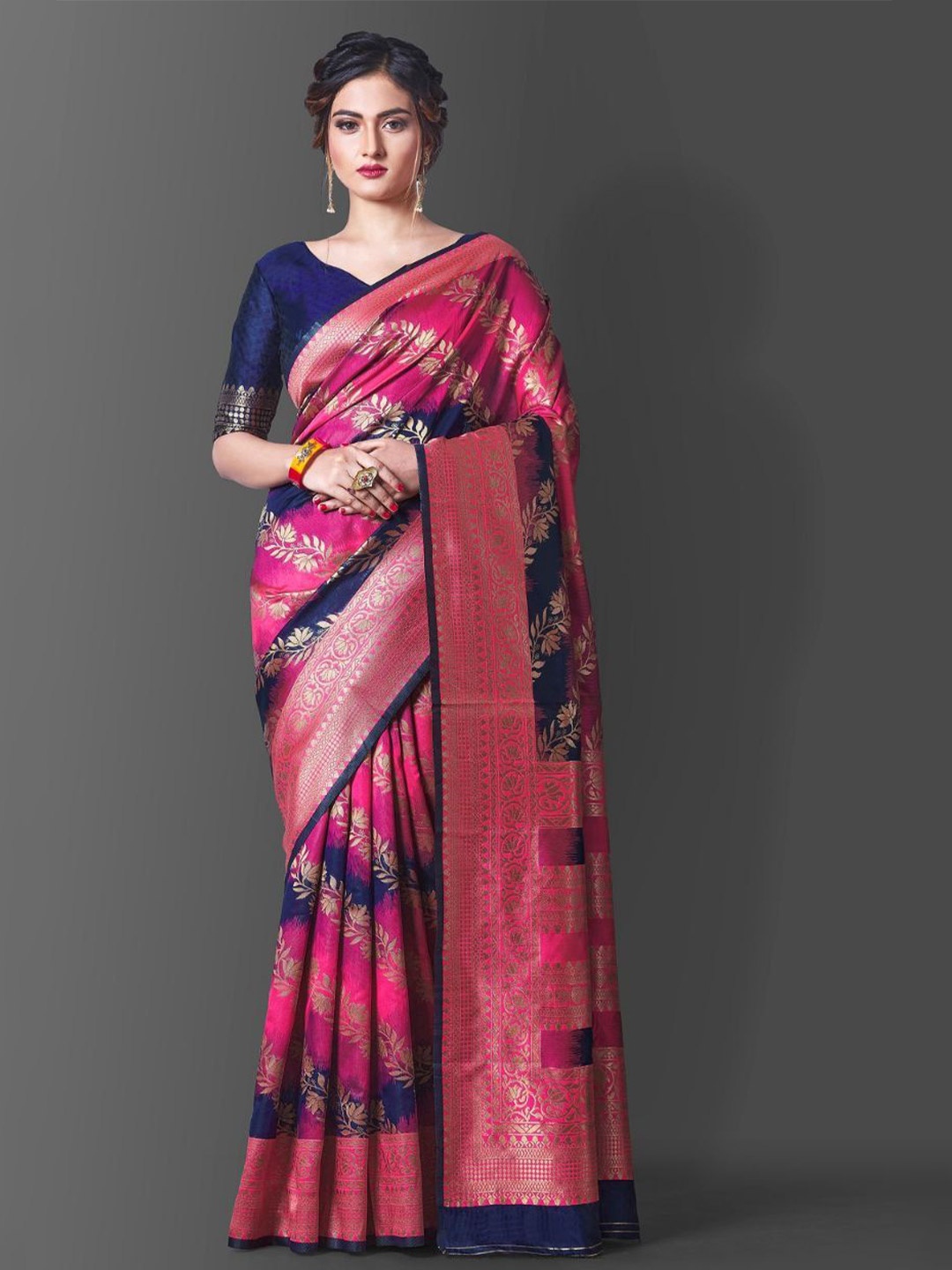 

Fashion Ritmo Woven Design Zari Pure Silk Saree, Pink