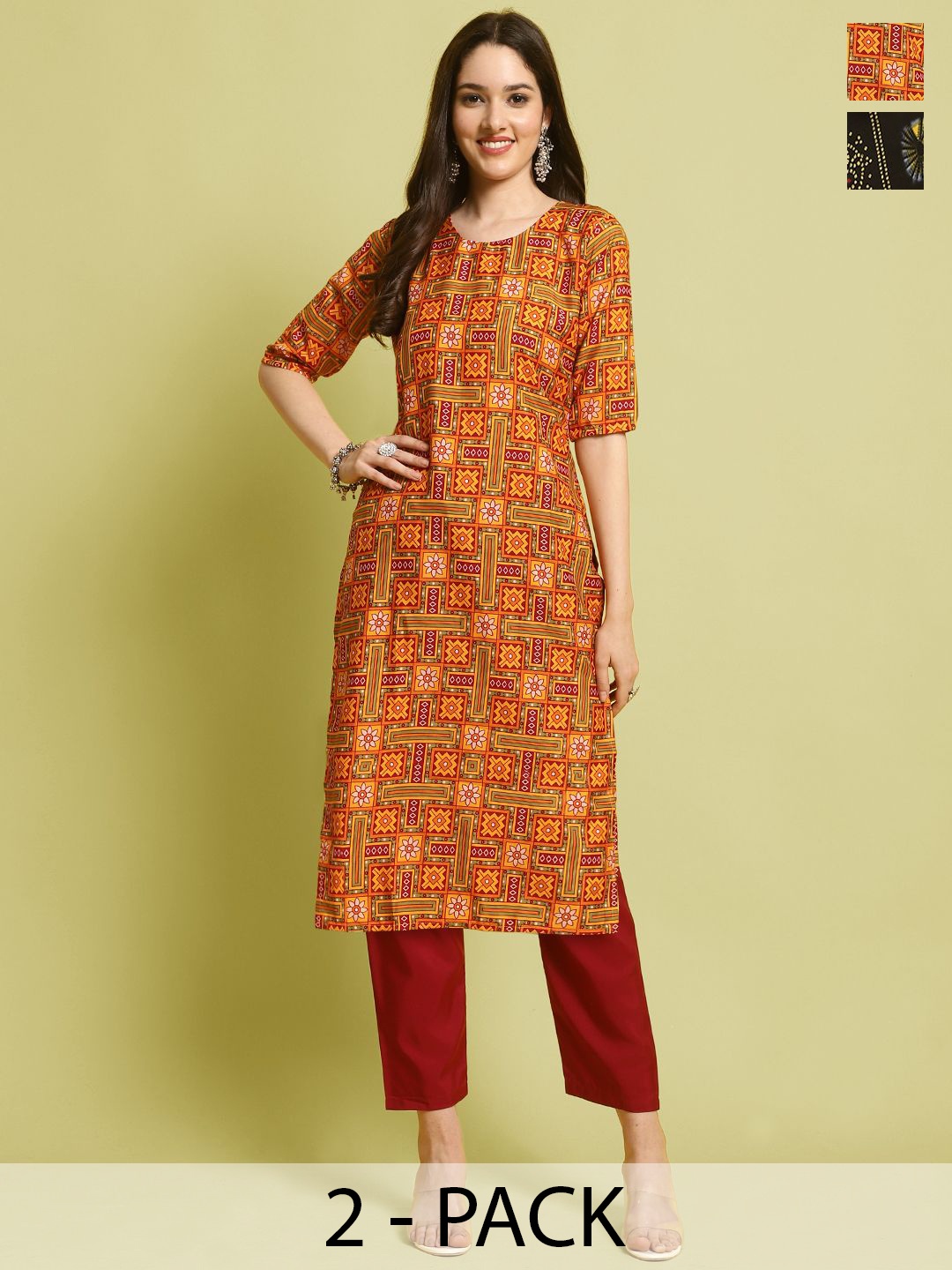 

7Threads Selection Of 2 Ethnic Motifs Printed Straight Kurta With Trousers, Yellow
