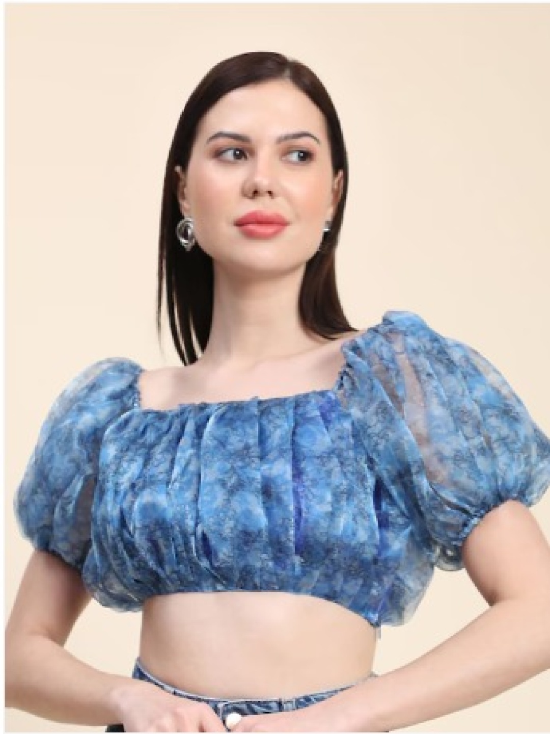 

Rujave Floral Printed Puffed Sleeves Crepe Blouson Crop Top, Blue