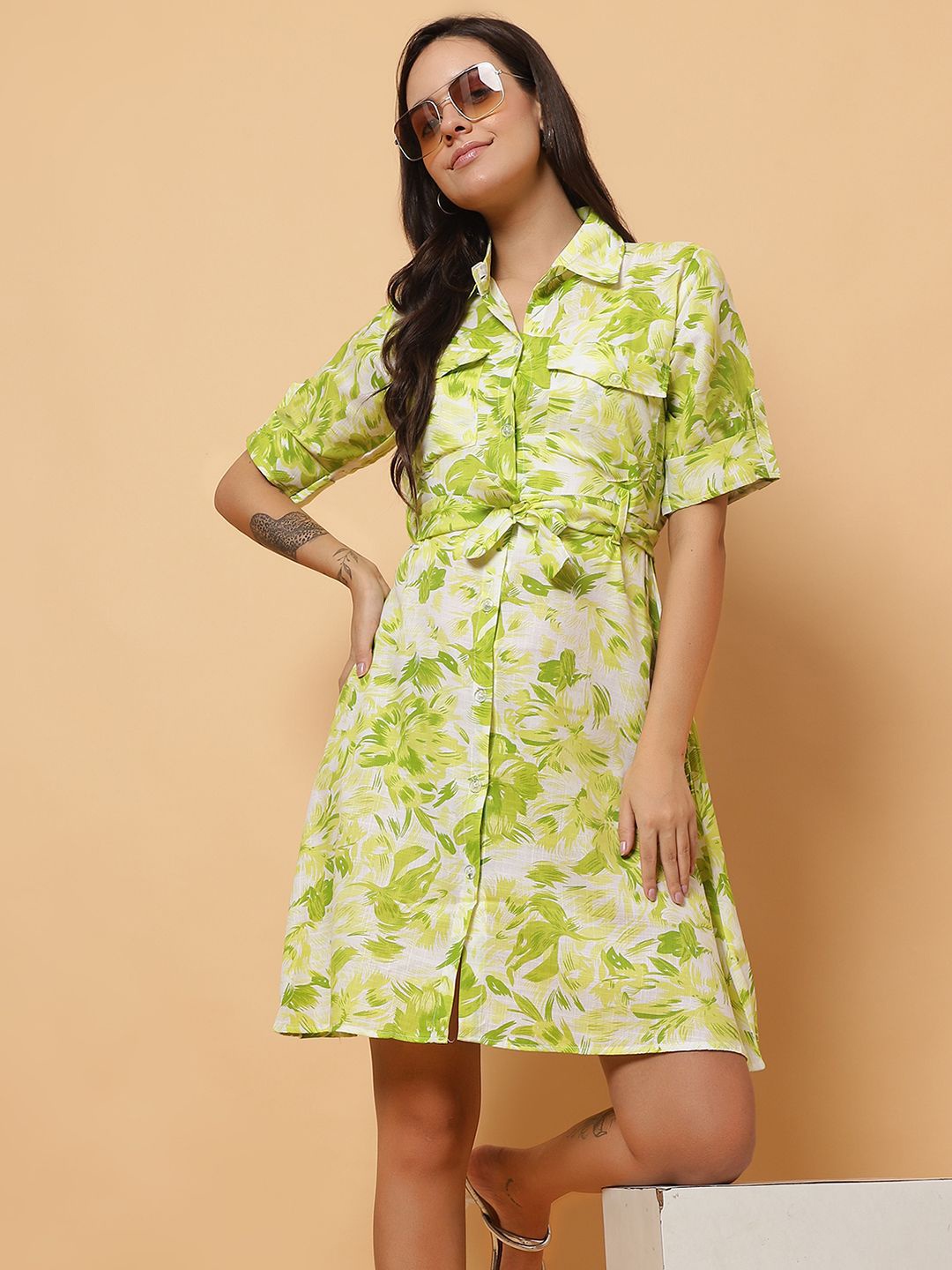 

ROSEMELON Tropical Print Shirt Dress, Green