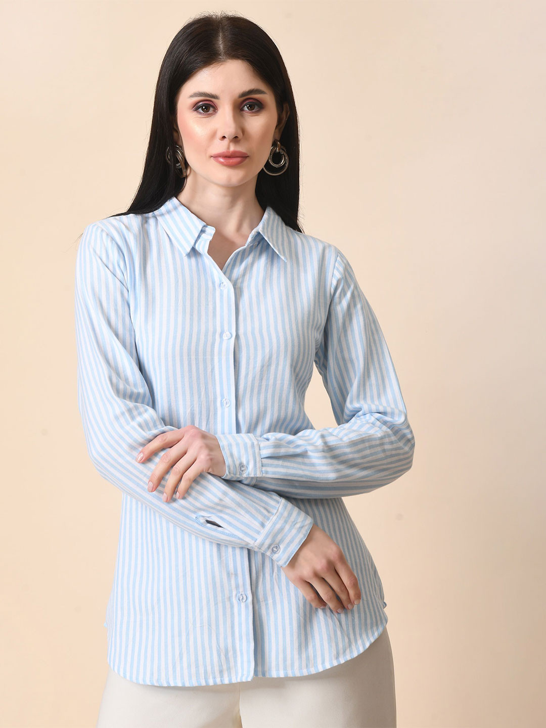 

The Roadster Lifestyle Co. Women Standard Vertical Striped Cotton Formal Shirt, Blue