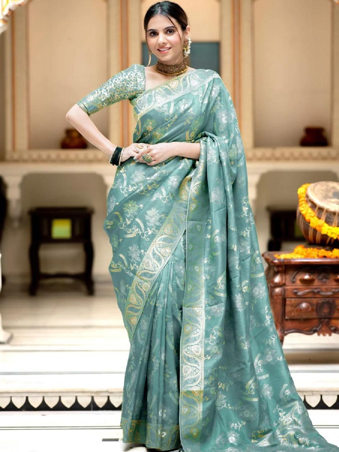 

A TO Z CART Woven Design Zari Pure Silk Saree, Turquoise blue