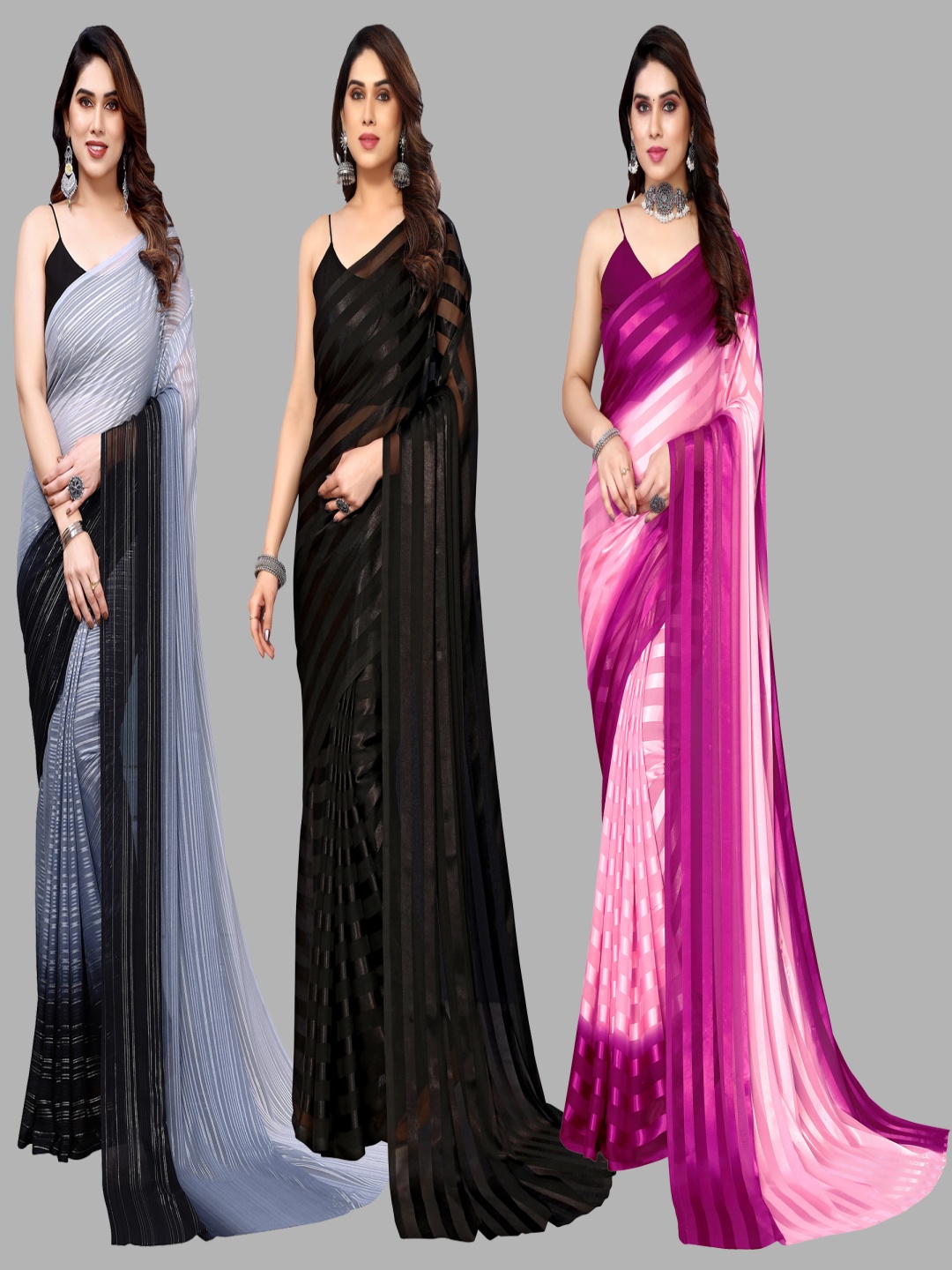 

ANAND SAREES Striped Satin Saree, Black