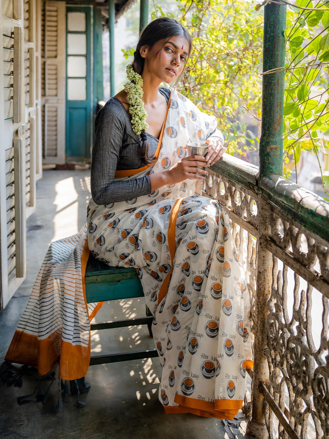 

Dora by Phoenix Ethnic Motifs Pure Cotton Block Print Saree, Beige