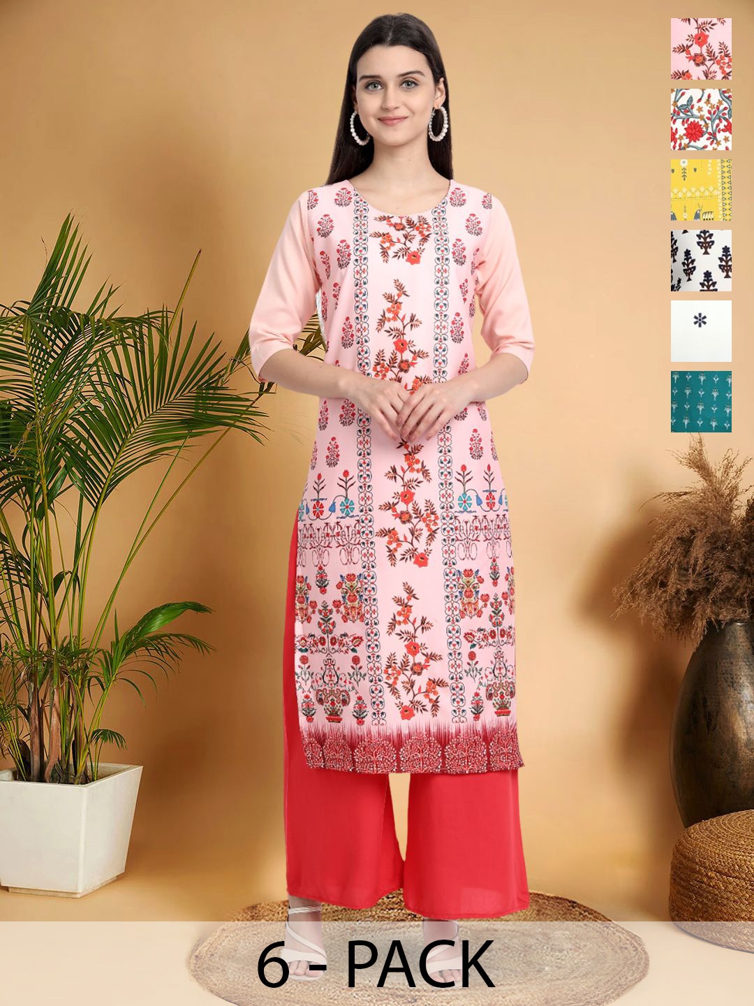 

7Threads Selection Of 6 Ethnic Motifs Printed Round Neck Straight Kurtas, Pink