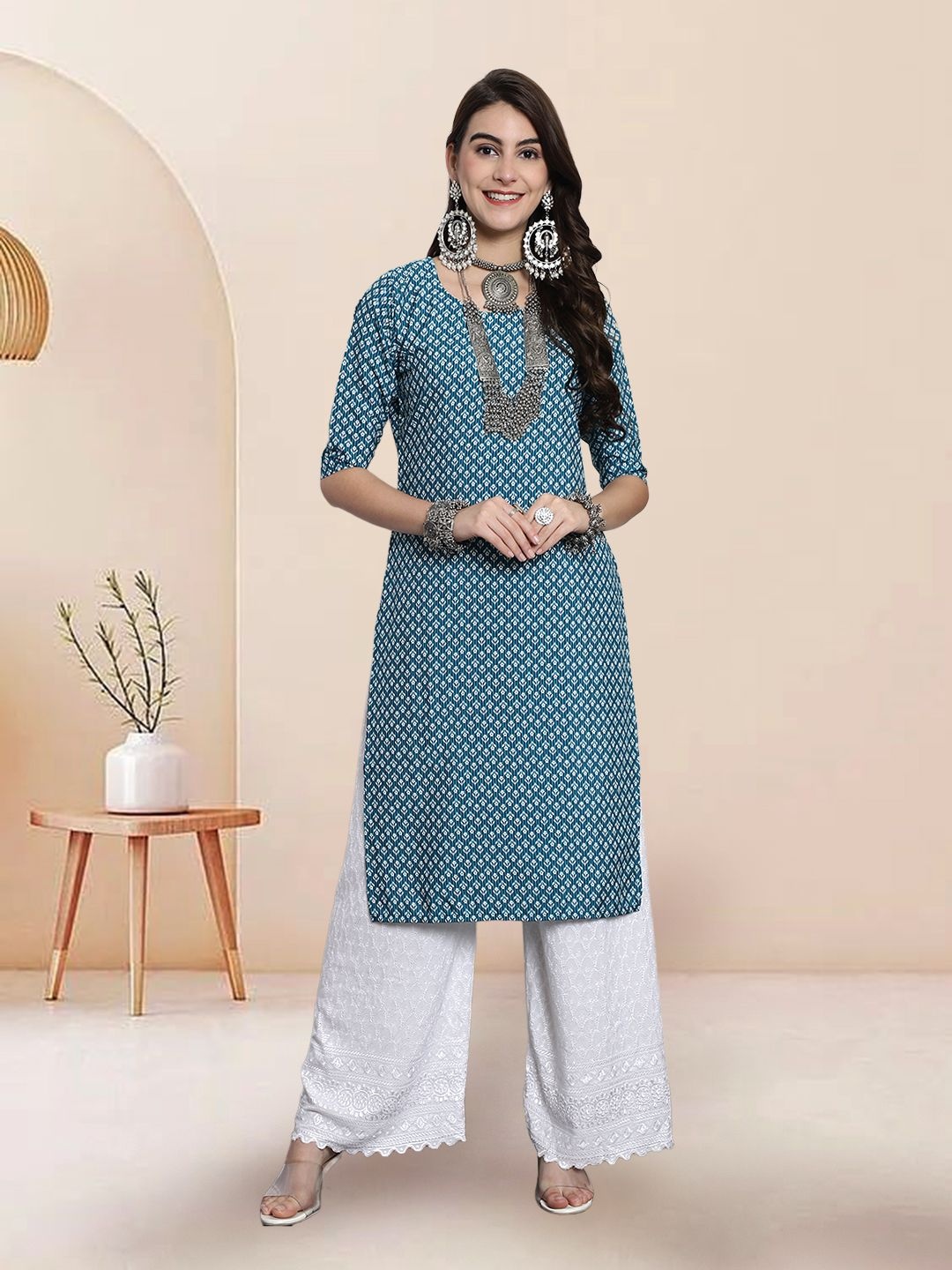 

7Threads Selection of 5 Floral Printed Round Neck Straight Kurtas, Blue