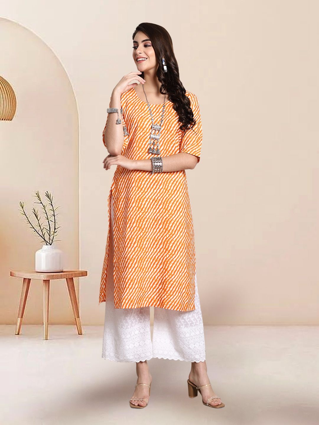 

7Threads Selection Of 4 Leheriya Printed Round Neck Straight Kurtas, Orange