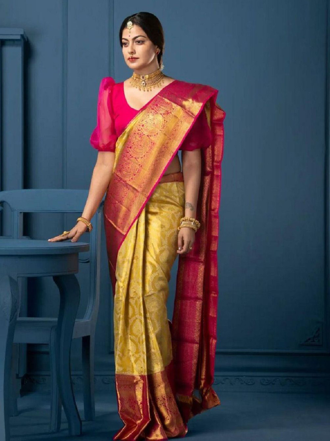 

A TO Z CART Woven Design Zari Silk Blend Banarasi Saree, Yellow