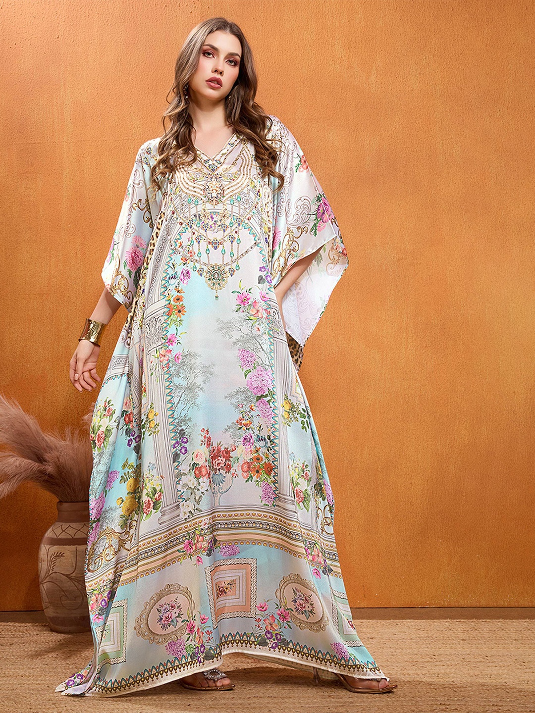 

LABEL AARNA Dawn's Embrace Soft Satin Kaftan with Rhinestones, Off white