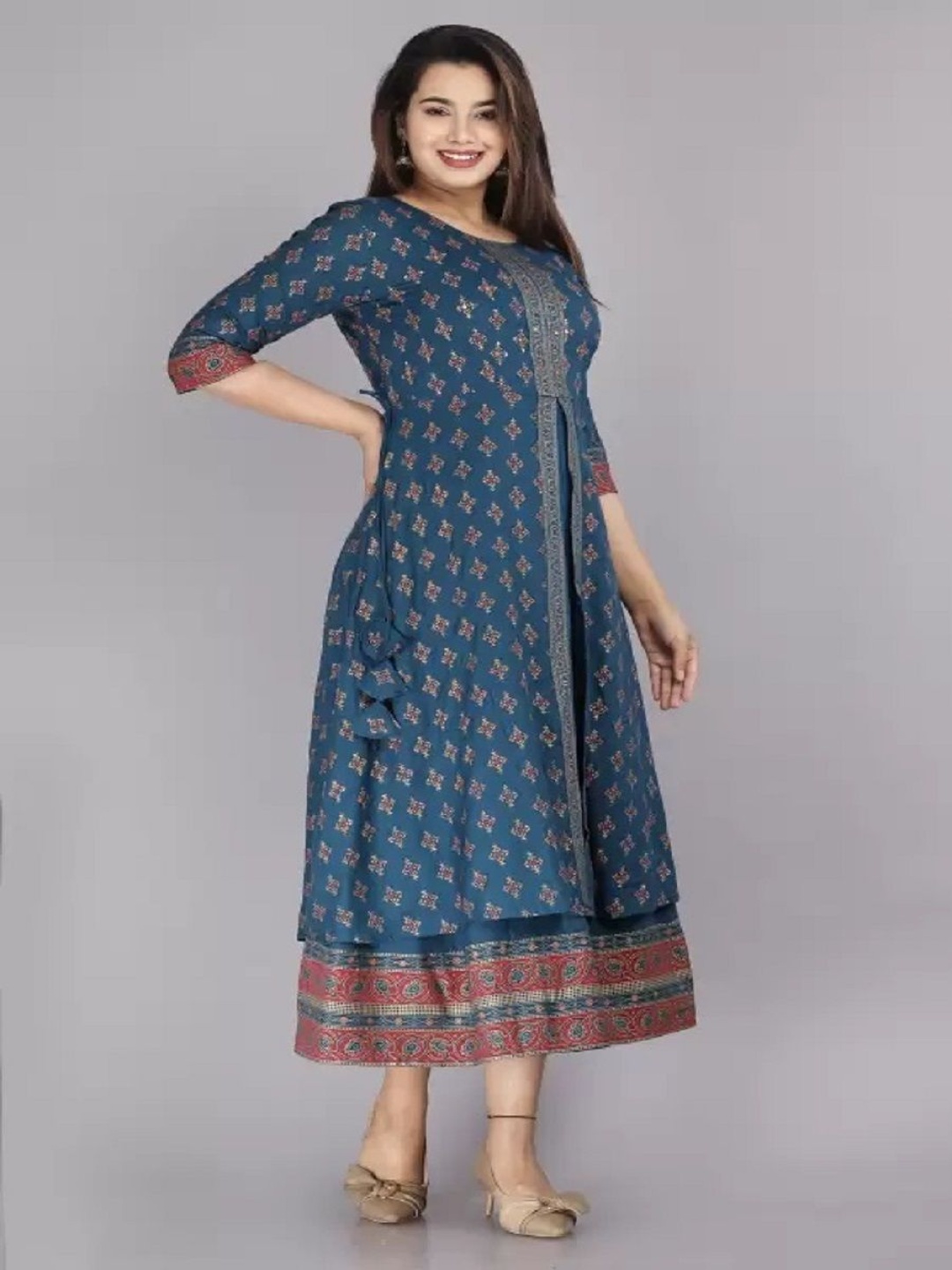 

ANNAYEMA APPARELS Floral Printed Round Neck A-Line Ethnic Dress, Teal