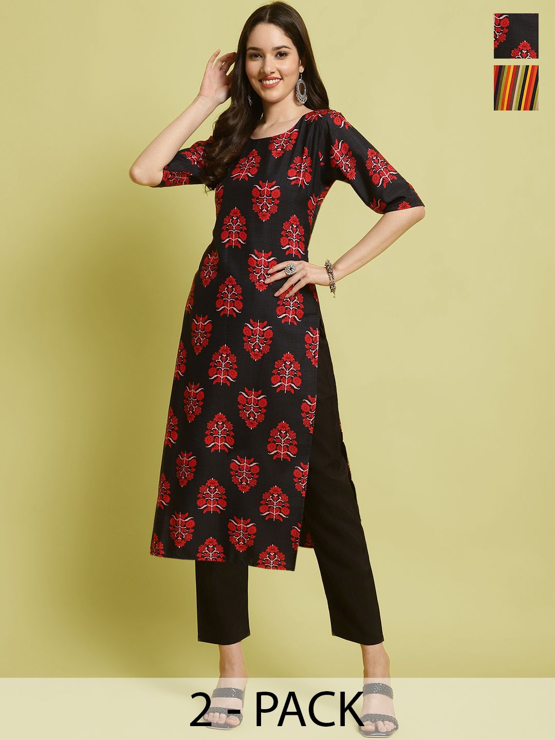 

7Threads Selection Of 2 Ethnic Motifs Printed Round Neck Straight Kurta With Trousers, Black