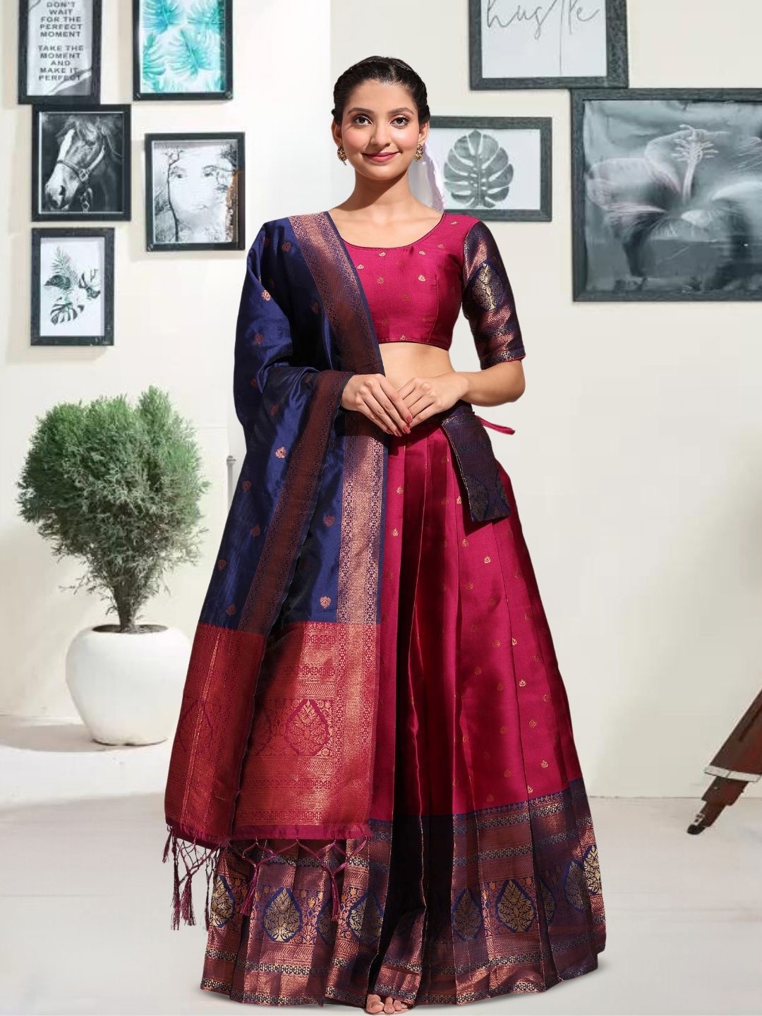 

MAGMINA Ethnic Motifs Woven Design Semi-Stitched Lehenga & Unstitched Blouse With Dupatta, Pink