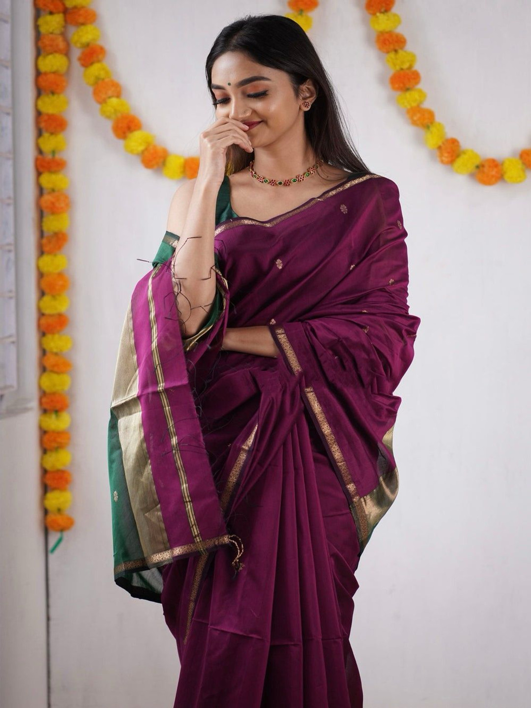 

NIWAA Ethnic Motifs Zari Pure Linen Maheshwari Saree, Purple