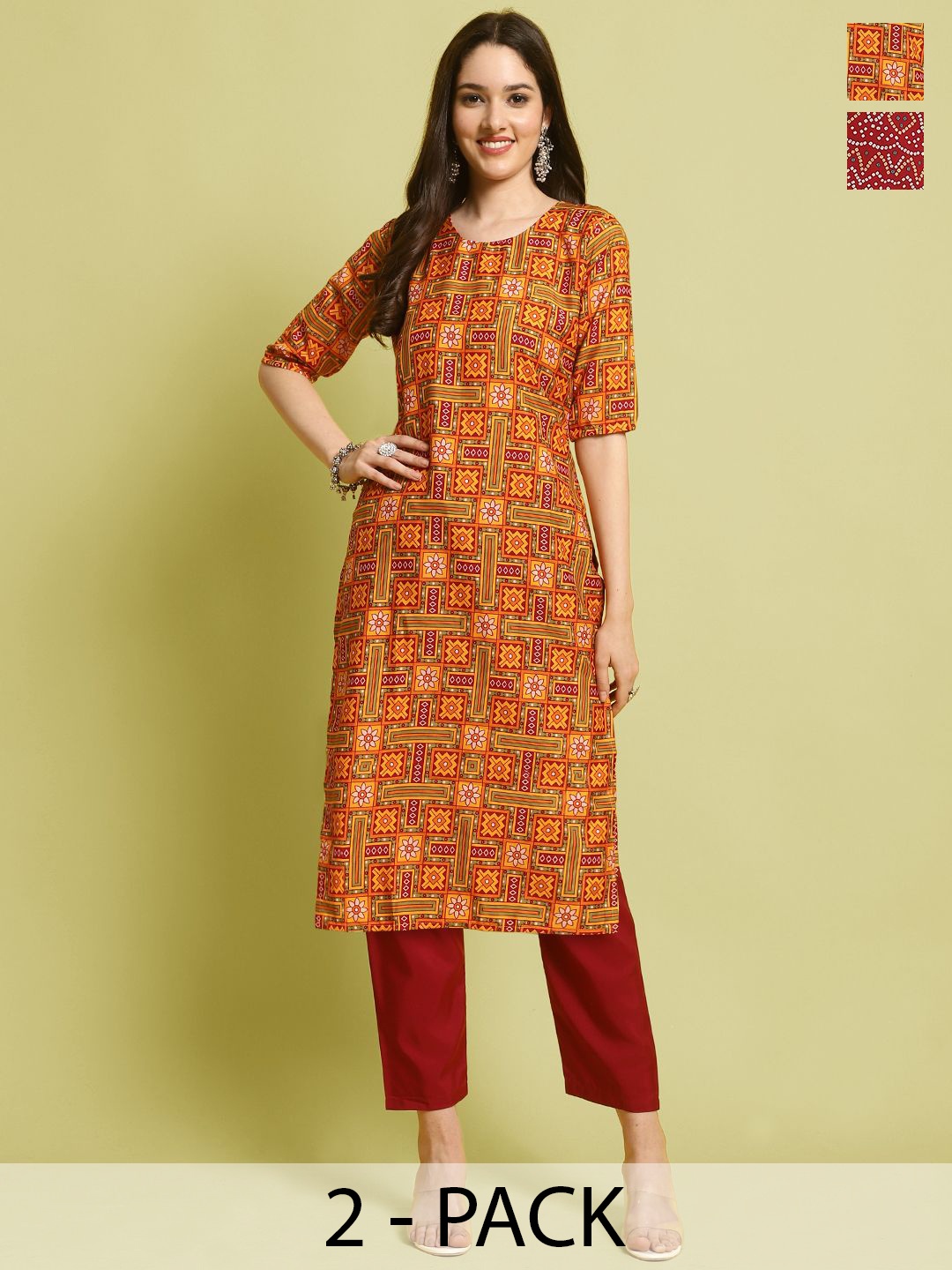 

7Threads Selection Of 2 Ethnic Motifs Printed Straight Kurta With Trousers, Red