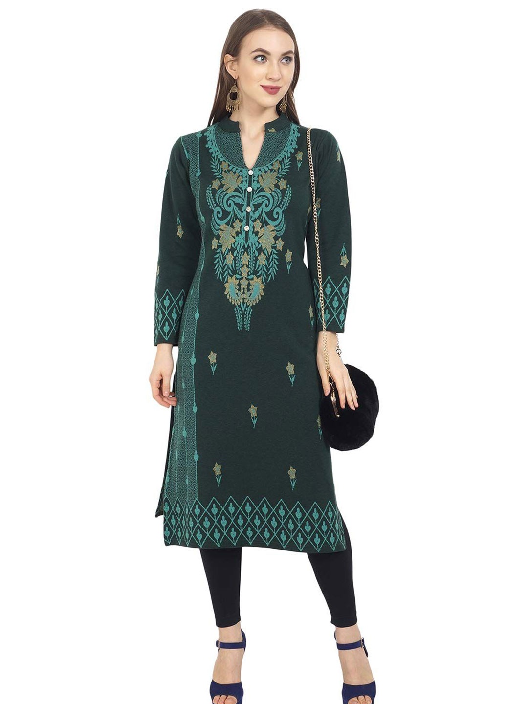 

ROSARY Floral Woven Design Mandarin Collar Jacquard Woolen Kurta With Side Pockets, Green