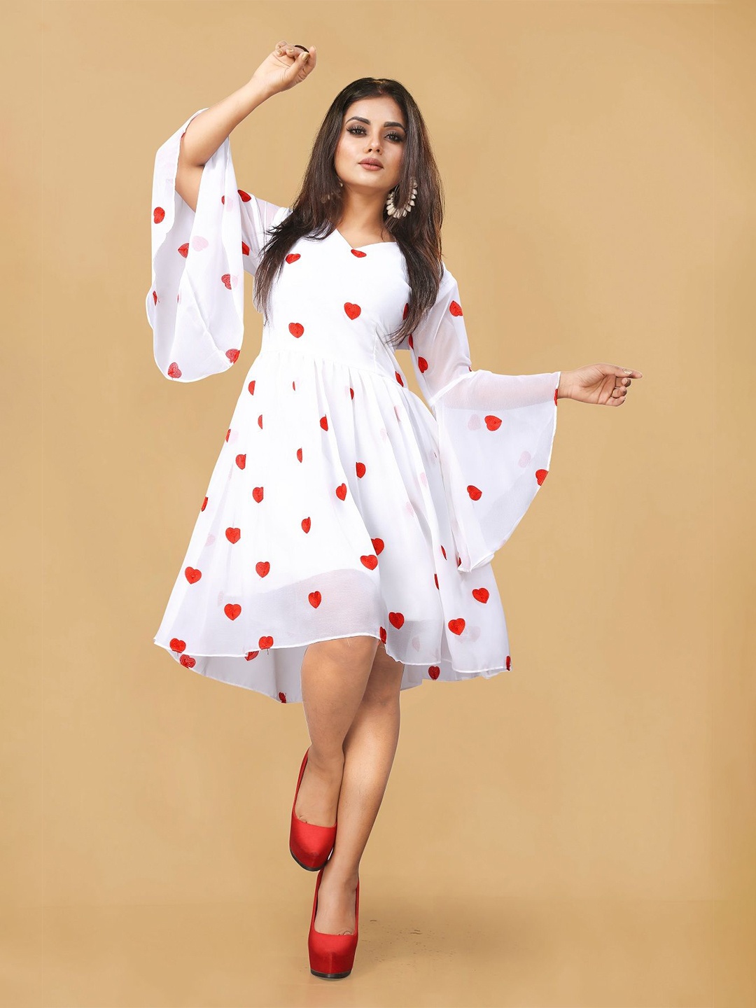 

A TO Z CART Polka Dot Embroidered Bell Sleeve Georgette Fit & Flare Dress, White