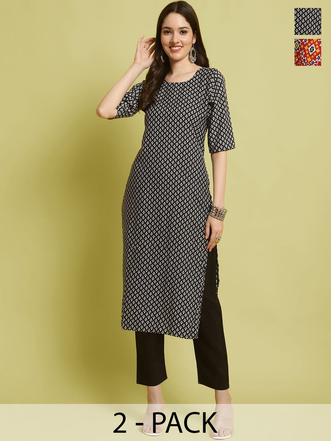 

7Threads Selection Of 2 Floral Printed Round Neck Straight Kurta With Trousers, Black