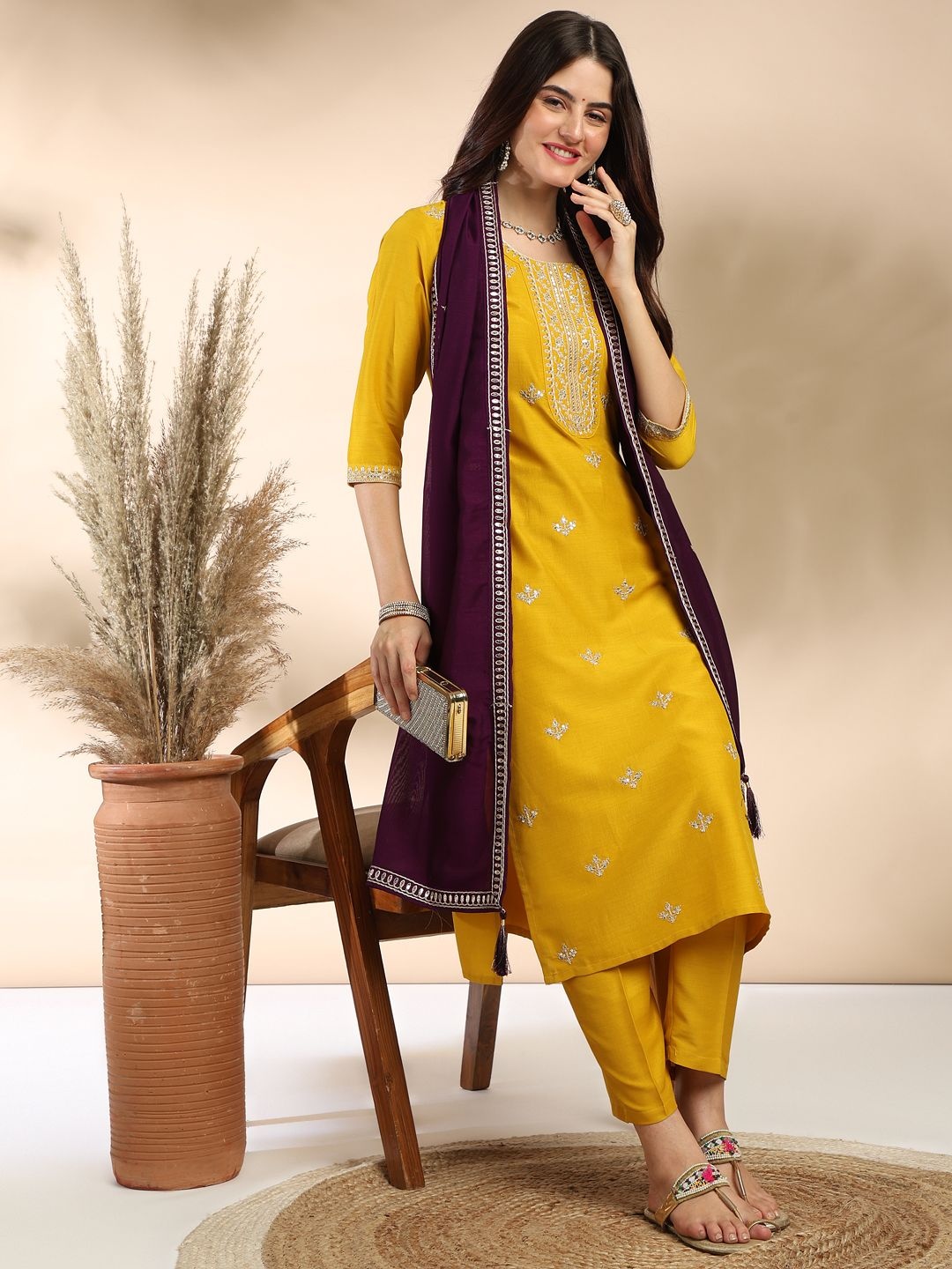 

MOKOSH Zari Embroidered Straight Kurta With Trouser And Dupatta, Yellow