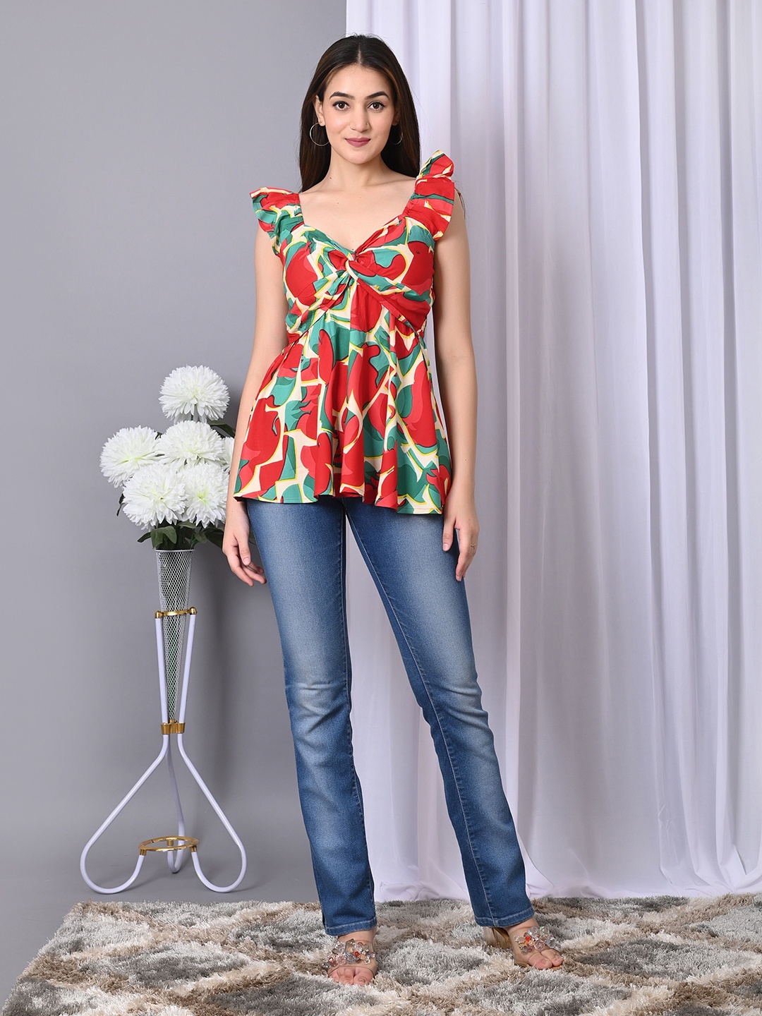 

VYMO Geometric Print Sweetheart Neck Twisted Bralette Top, Multi